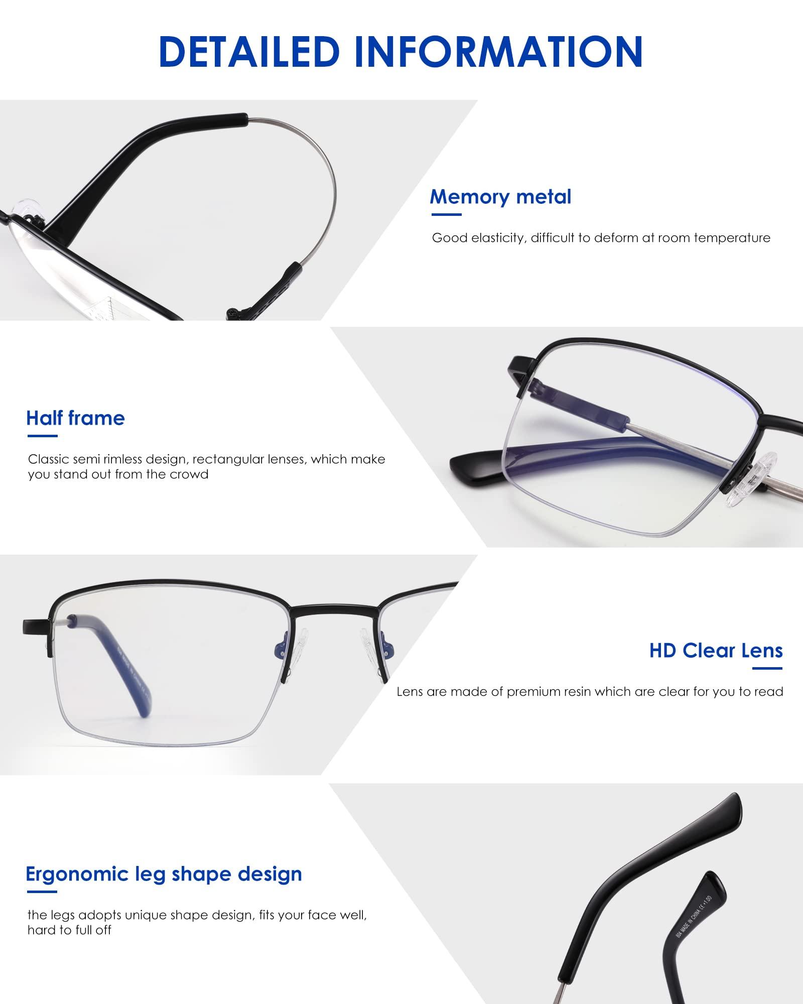 FEIVSN FEIVSN Progressive Multifocus Reading Glasses Blue Light Blocking, Multifocal Readers for Men Women Trifocal Lightweight Eyewear Half Metal Frame Titanium Alloy (3 Pack: Black+Gun+Silver, 1.50)