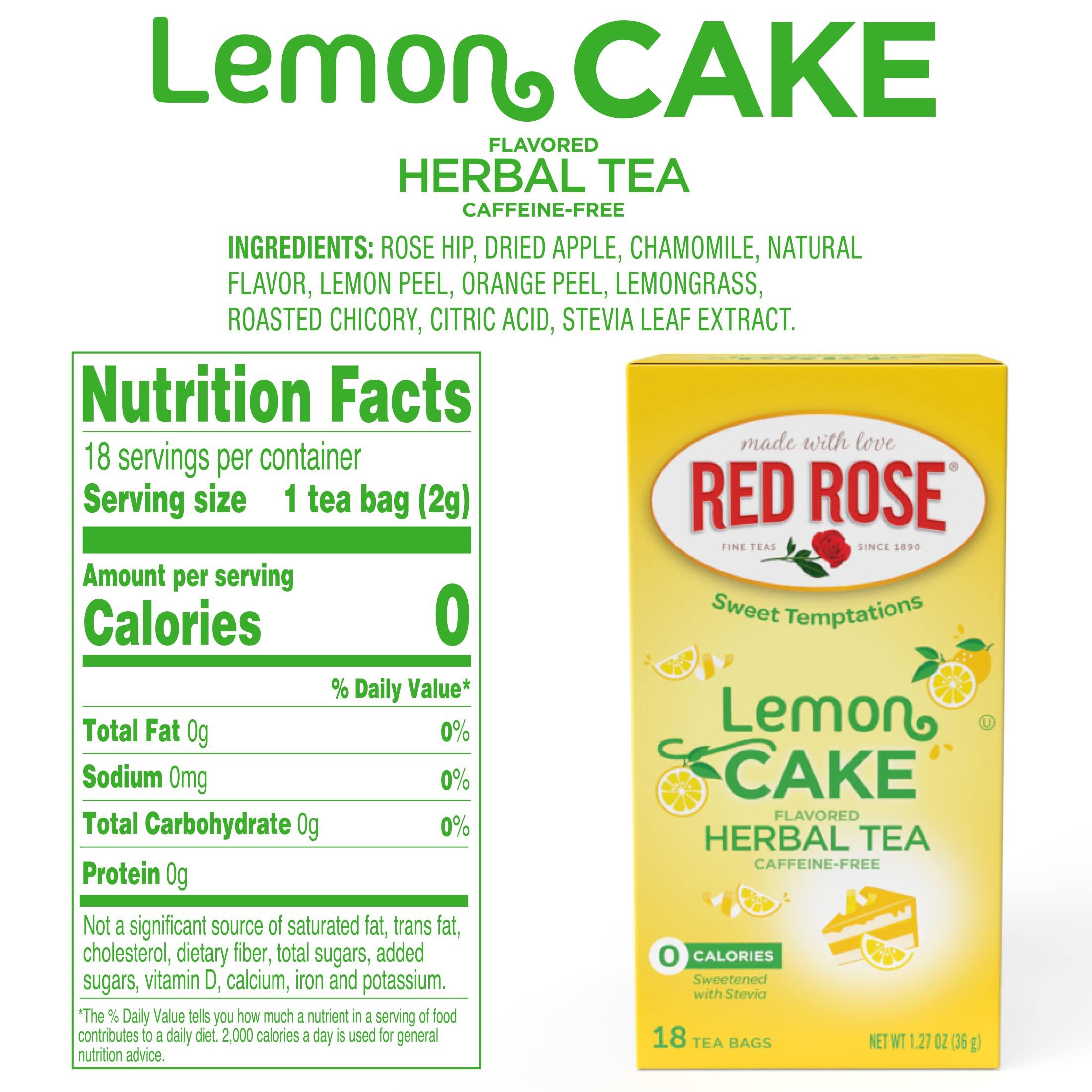 Red Rose Red Rose Sweet Temptations Dessert Tea Lemon Cake, Zero Carbs, Zero Sugar Bursting with Flavor Caffeine-Free Delicious Beverage Herbal Tea, 18 Count Pack of 2 Fruit Naturally Flavored Herbal Tea