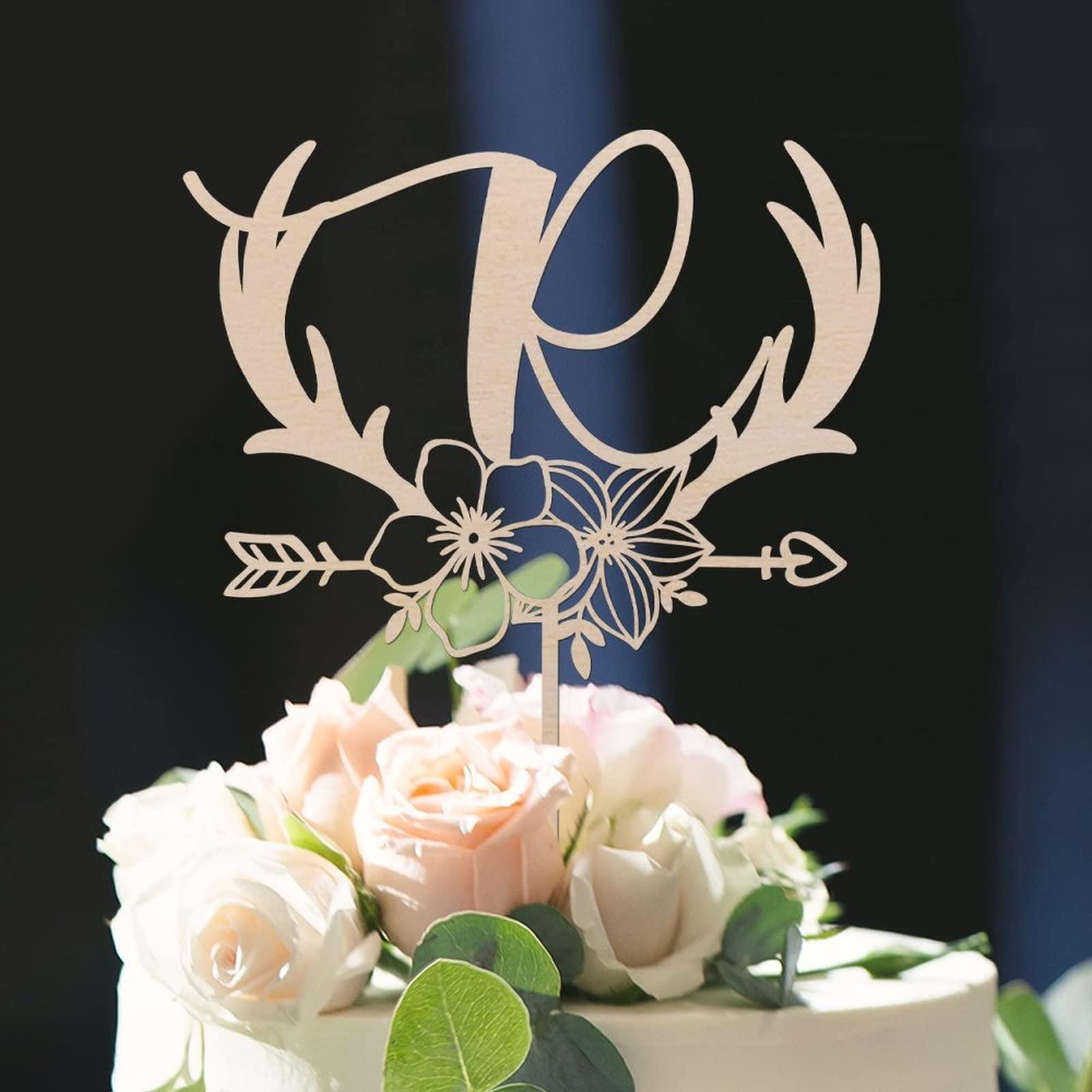 Vinisong Vinisong Personalized Initials Cake Topper Wreath Letter R Cake Topper Wood Monogram Cake Topper Rustic Wedding Cake Topper Birthday Cake Decoration(Design 01,R)