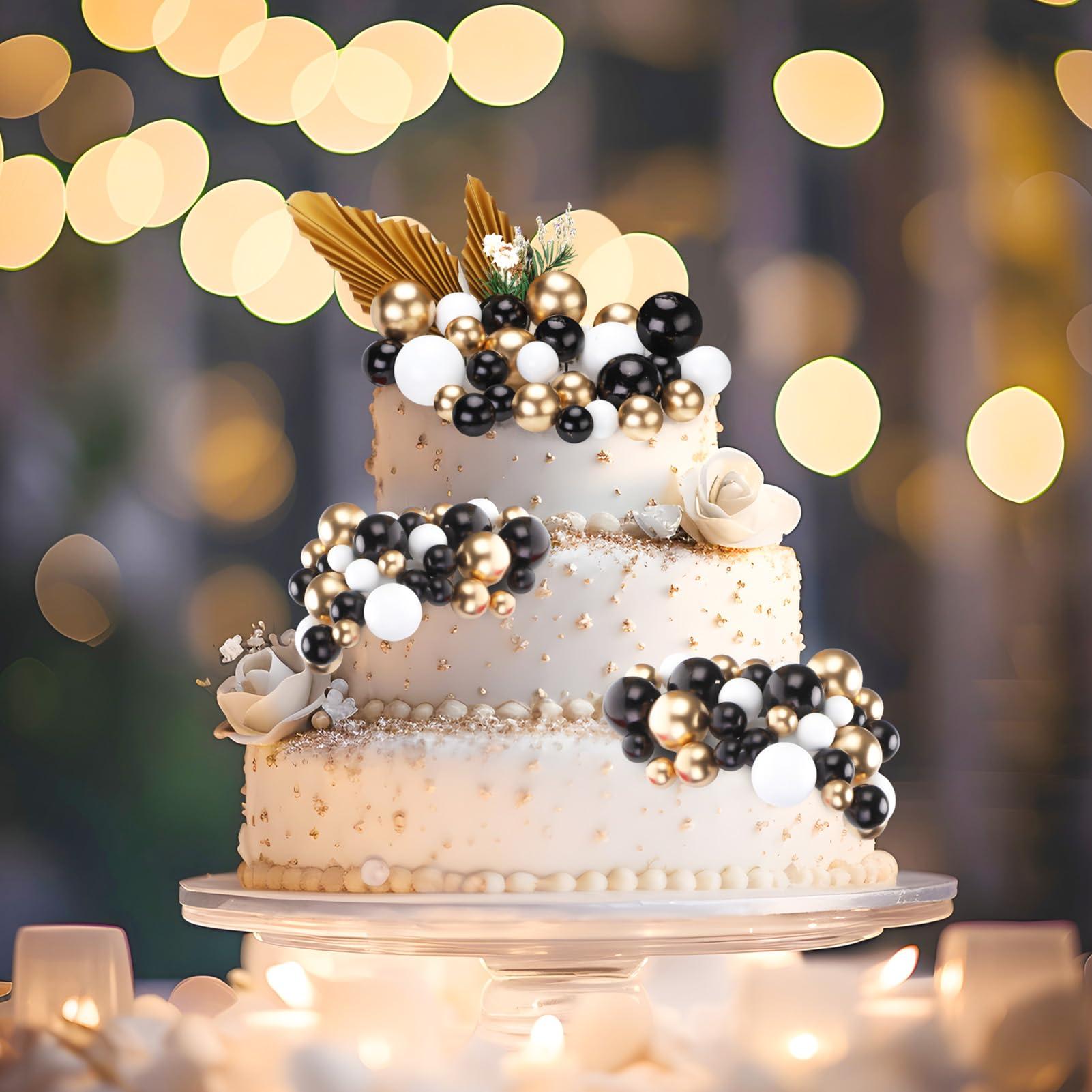Hoemwarm Hoemwarm 41 PCS Black Ball Cake Toppers Ball Cake Picks Boho Gold Palm Leaves Cake Decor Gold Mini Balloon Dried Flower Topper Pearl Ball Cake Insert for Baby Shower Birthday Wedding Party(Black)
