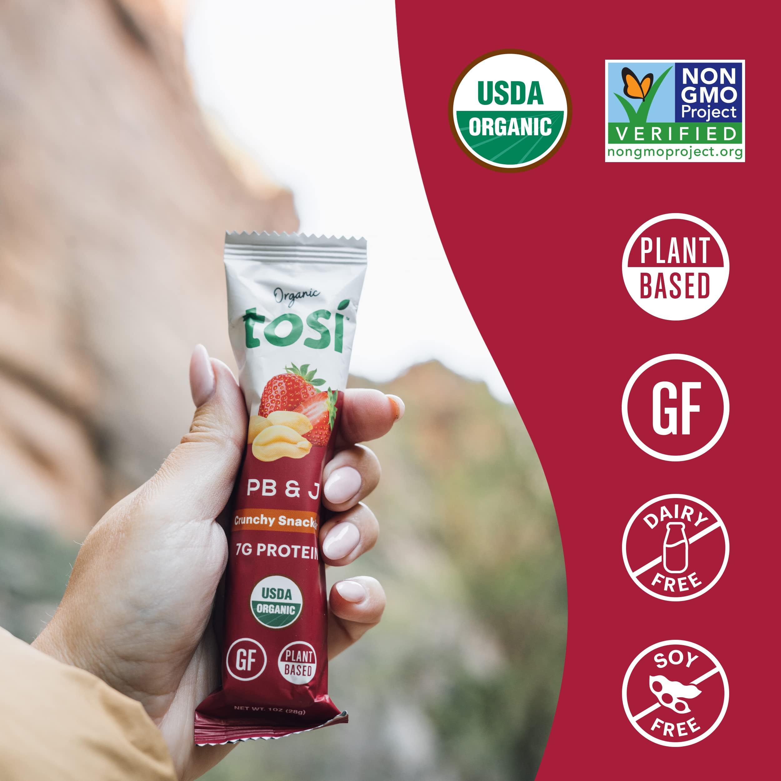 Tosi Tosi Peanut Butter & Jelly Protein Bars, Plant Based with Nuts, Gluten-Free Crunchy Snacks, Vegan, Organic, Flax & Chia Seeds, Soy-Free, Omega 3s, 7G Protein, 1 oz, 12-Pack