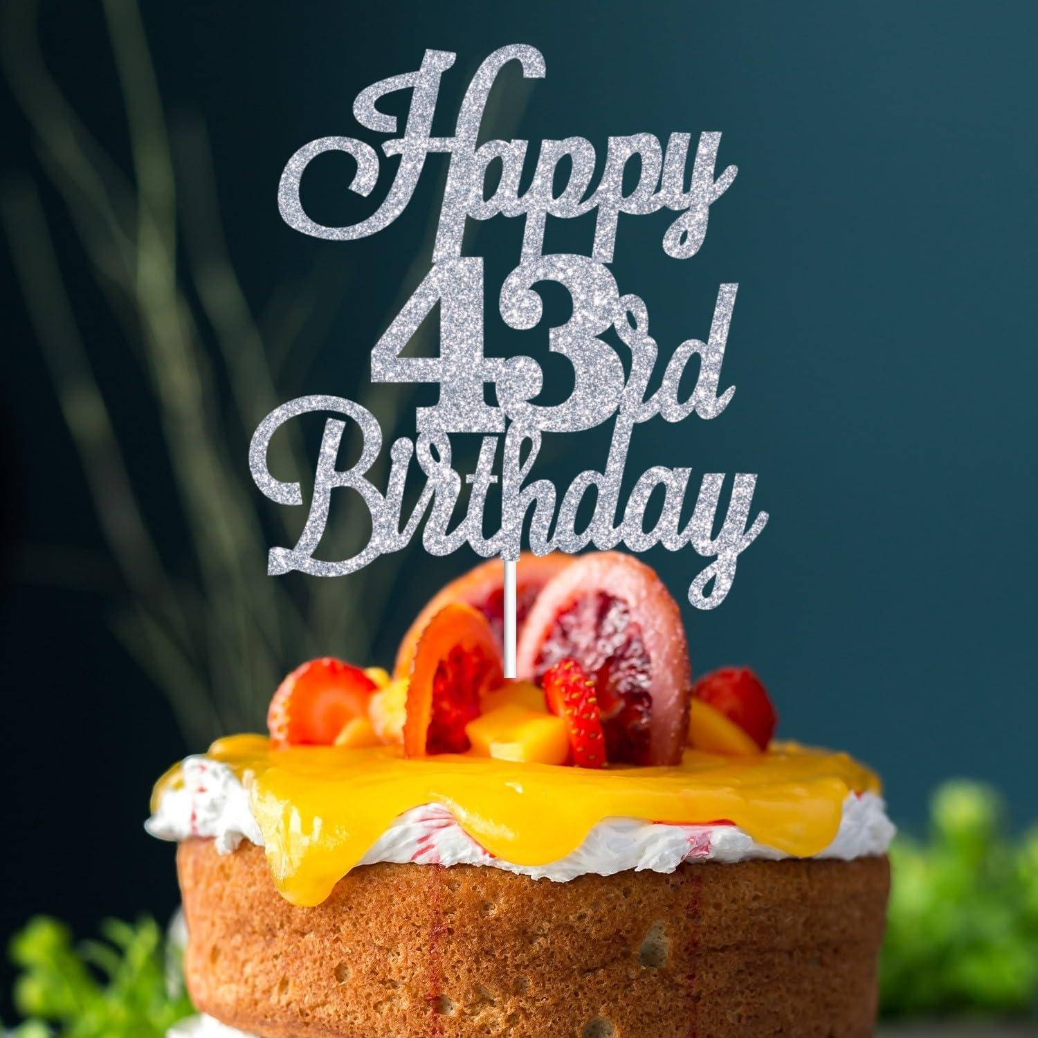 JUTTIRA Happy 43rd Birthday Cake Toppers Silver Glitter, Cheers to 43 Years Old Bday Decoration 43rd Anniversary Cake Topper, Forty-three Theme Cake Decorations for Birthday Anniversary Party