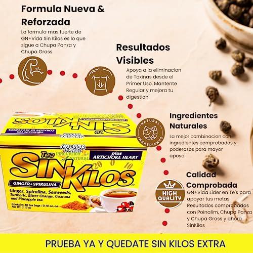 GN+Vida SinKilos Detox Tea GN+Vida Powerful Cleansing Tea with Ginger, Spirulina, Turmeric Orange and Pineapple Healthy Antioxidant Formula, Caffeine Free All Natural Digestive Te Panza y Grasa Herbal | 30 Ct