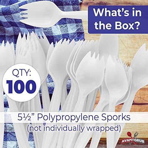 Avant Grub BPA-Free White Disposable Sporks 100 Pk. Recyclable, Eco-Friendly and Kid-Safe 2-in-1 Utensils Built Strong to Last Large Meals. Great for School Lunch, Picnics or Restaurant and Party Supply