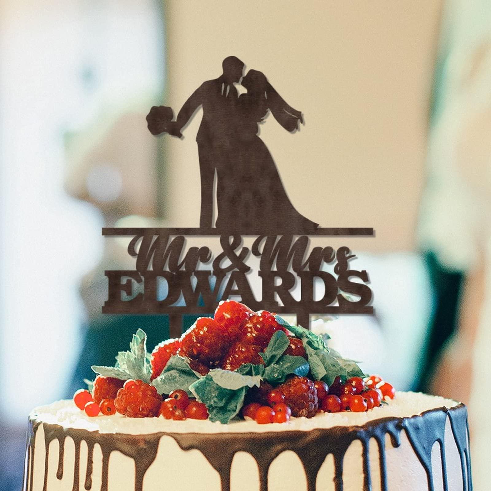YJHLBHDIAN Engagement Cake Toppers Decorations Personalized Mr & Mrs Cake Topper Bride and Groom Silhouette Rustic Cake Topper Personalized Couple Last Name Cake Topper Brown Wood Cake Toppers
