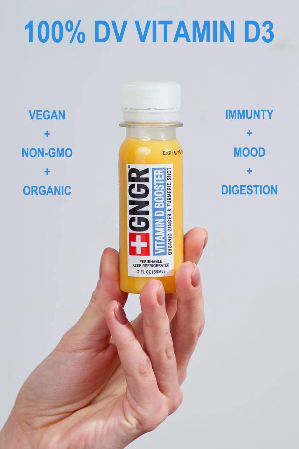 +GNGR +GNGR Vitamin D Immunity Booster Cold-Pressed Ginger Shot with Turmeric, Vitamin D3, Cayenne, Immunity Shot with Peruvian Ginger Juice, for All Natural Immune & Digestive Support (2 fl oz - 12 pack)