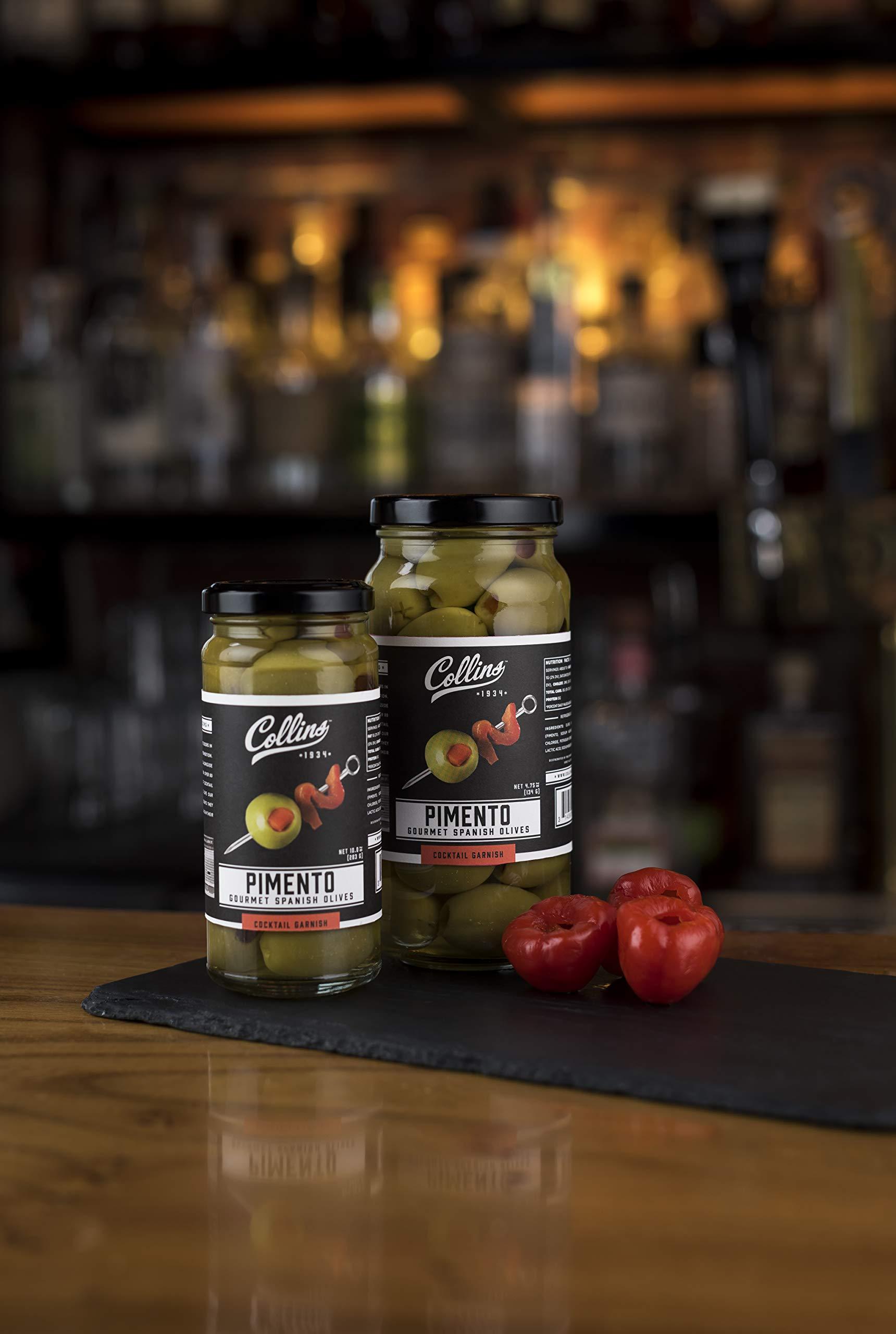 Collins Collins Pimento Stuffed Olives - Gourmet Cocktail Olives - Spanish Queen Olives with Pimento Pepper, Dirty Martini cocktail and Condiment Olives 4.5oz