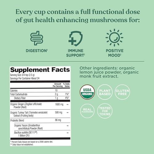 Four Sigmatic Four Sigmatic Happy Gut Organic Herbal Tea | Organic Lemon Ginger with Probiotics & Turkey Tail Mushroom | Instant Digestive Tea | Vegan, Gluten-Free | Lemon Ginger, 24 Servings