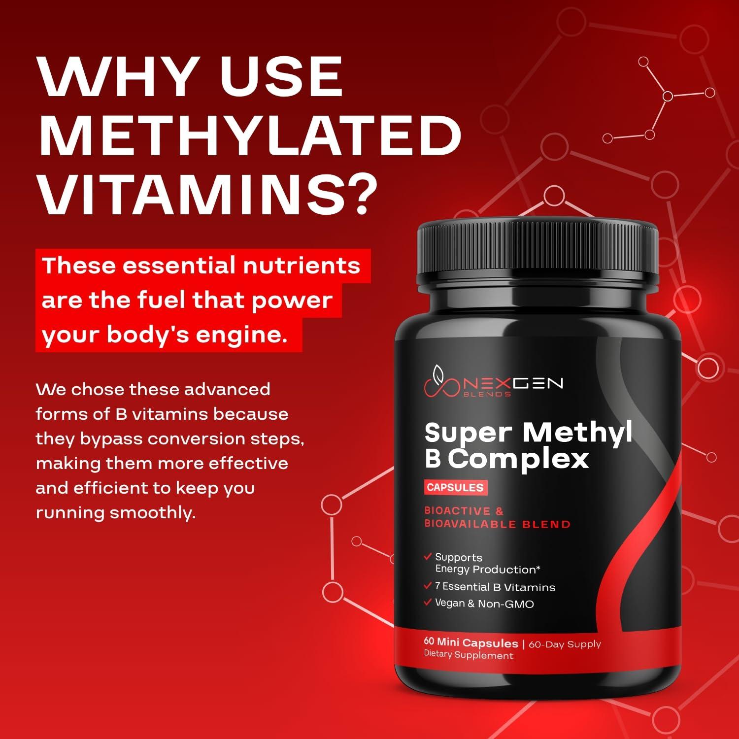 NEXGEN BLENDS Methylated B Complex Vitamin Supplement - Bioactive Methyl B Complex with 5-MTHF Methyl Folate & B12 Methylcobalamin for Brain Heart Energy & Homocysteine Support - Super Vitamin B Complex - 60 Caps