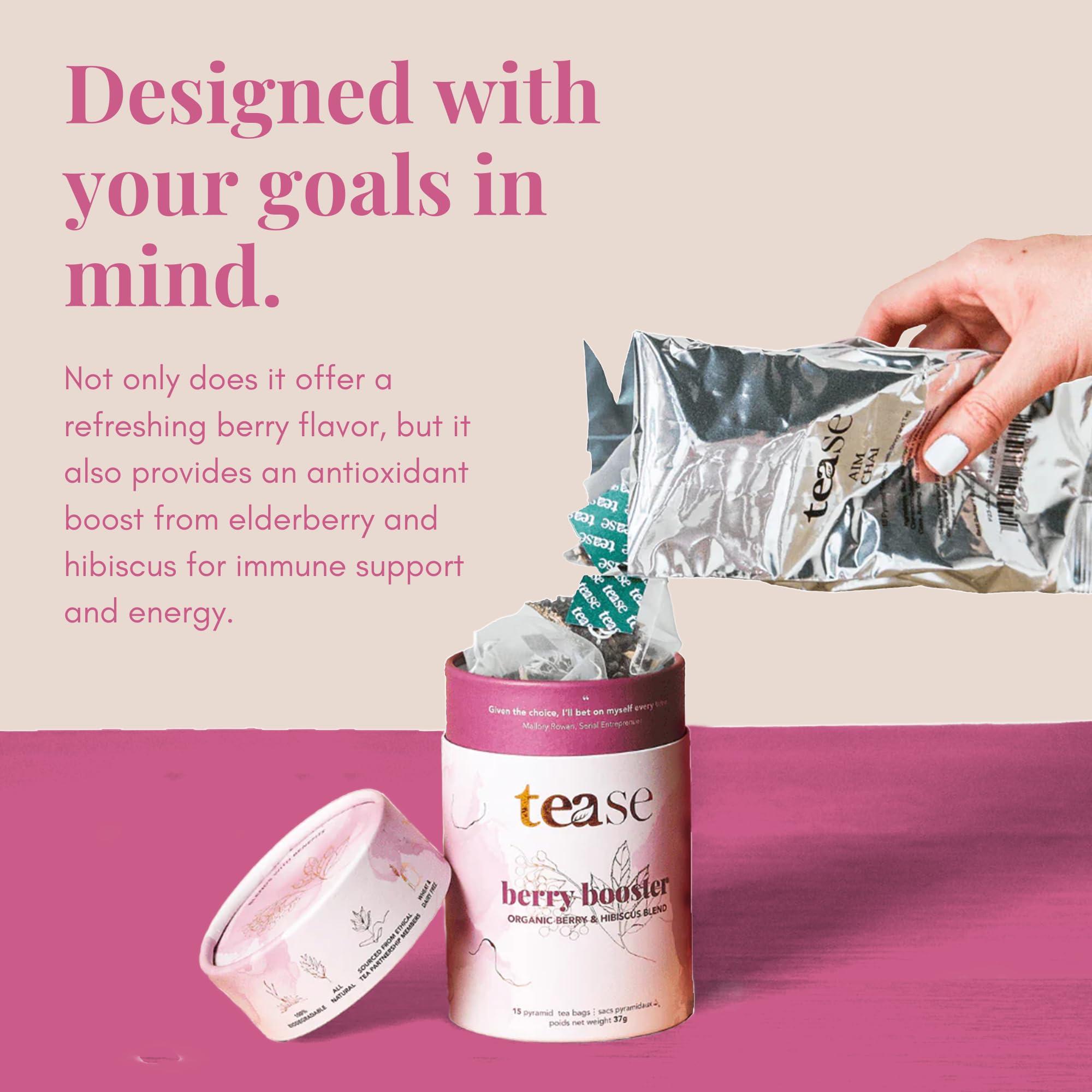 Tease Tease Tea Organic Tea Gift Set | 15 Piece Botanical Pyramid Tea Bag Infuser Sachets Luxury Wellness Tea Lovers Kit Loose Leaf Blend with Elderberry, Currant, Hibiscus Caffeine Free 37g (Berry Booster)