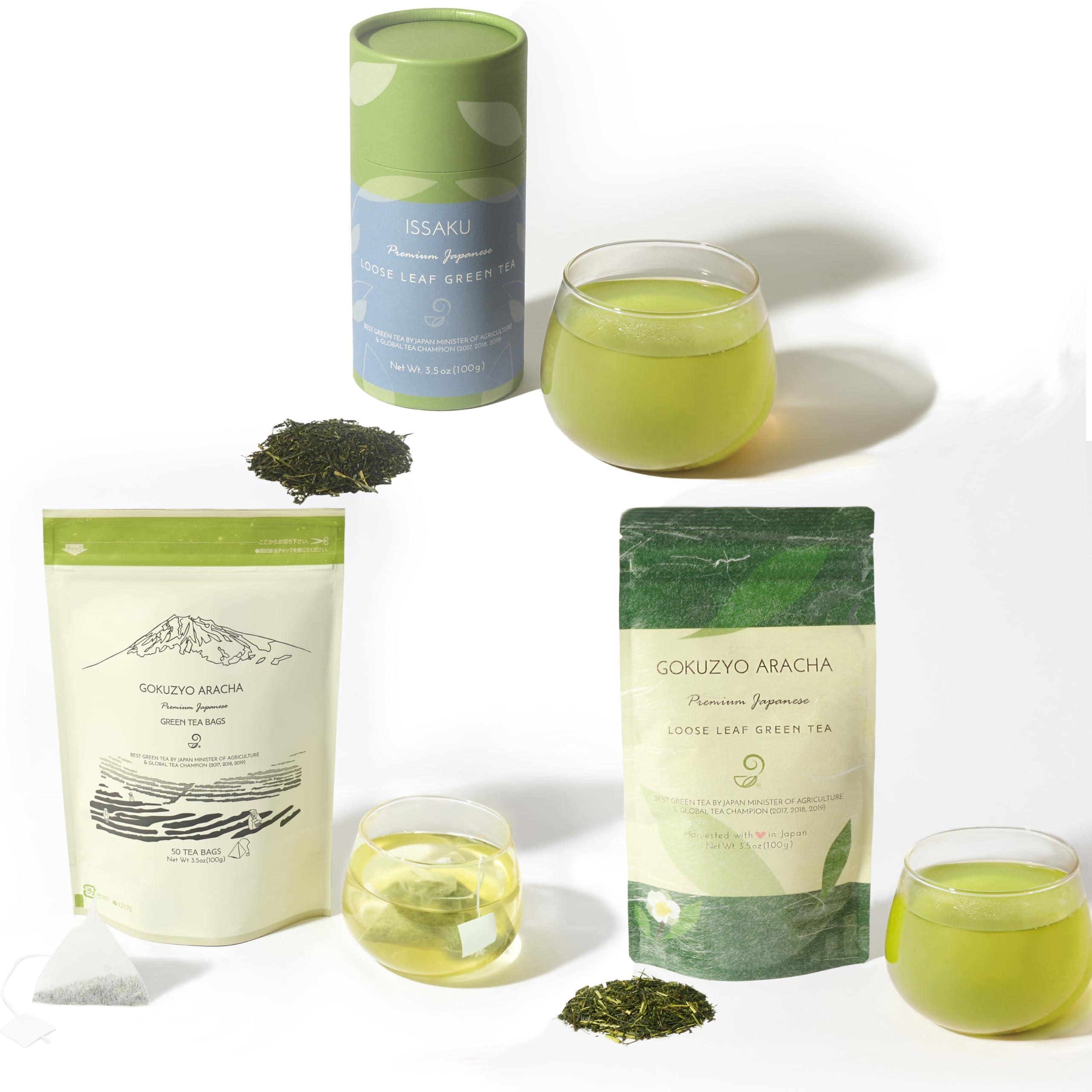 JAPANESE GREEN TEA CO. HARVESTED WITH IN JAPAN Issaku, Gokuzyo Aracha and Teabag Tea Set from Japanese Green Tea Co – Premium Japanese Green Tea Assortment – Non-GMO, Delicate Flavor - Ideal for Tea Lovers