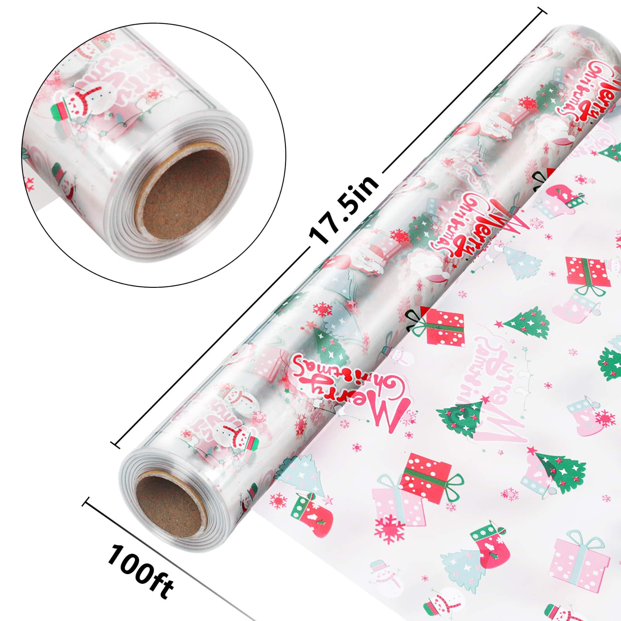 JOYIT 100\' Long X 17.5 Wide Christmas Cellophane Wrap Roll - 3 Mil Thicker Christmas Cellophane Roll, Crystal Clear Merry Christmas Cellophane for Gift Baskets, Flower Arts Crafts Food Treats Wrapping