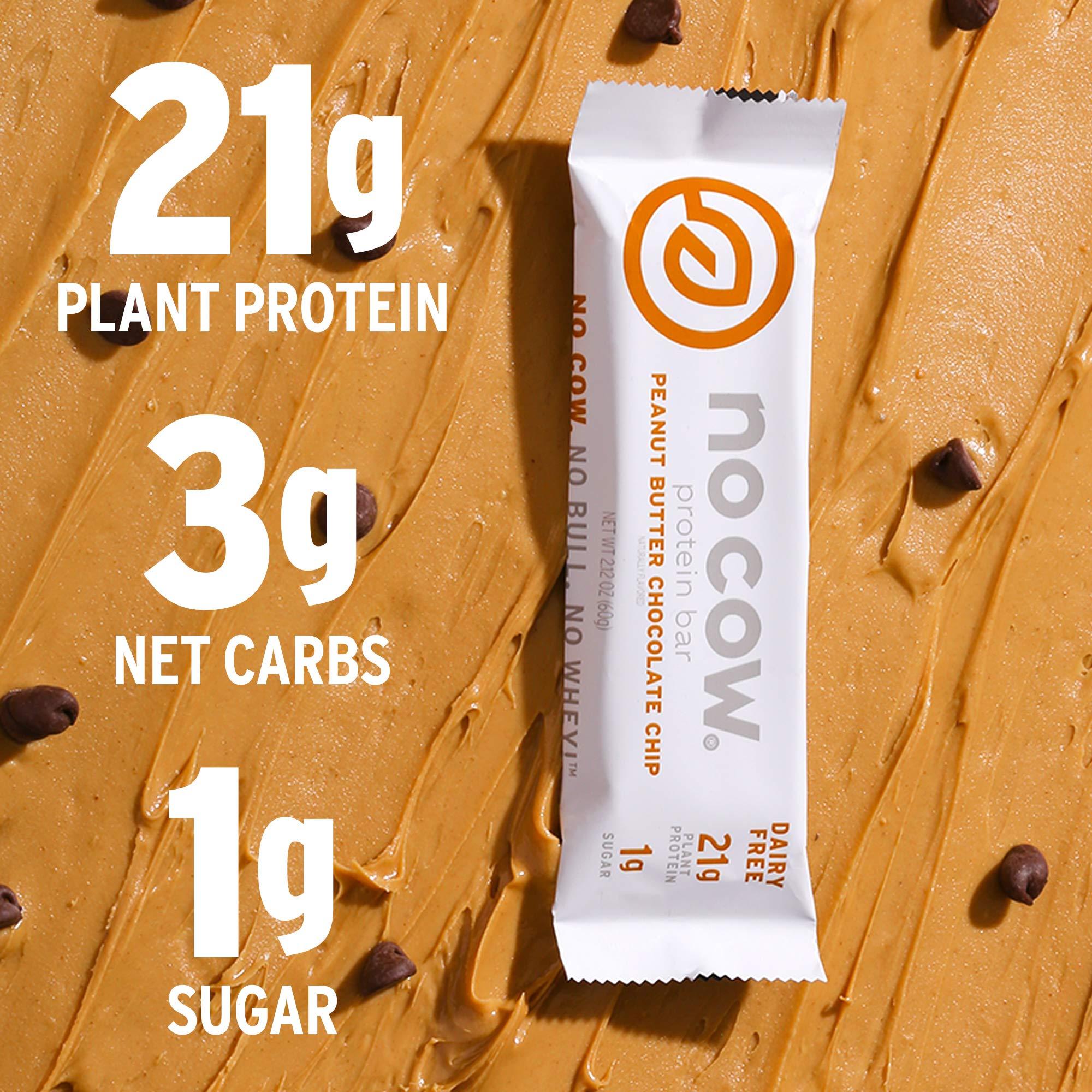 No Cow No Cow Protein Bar, Peanut Butter Chocolate Chip, 21g Plant Based Protein, Keto Friendly, Low Carb, Low Sugar, Dairy Free, Gluten Free, Vegan, High Fiber, Non-GMO, 4 Count