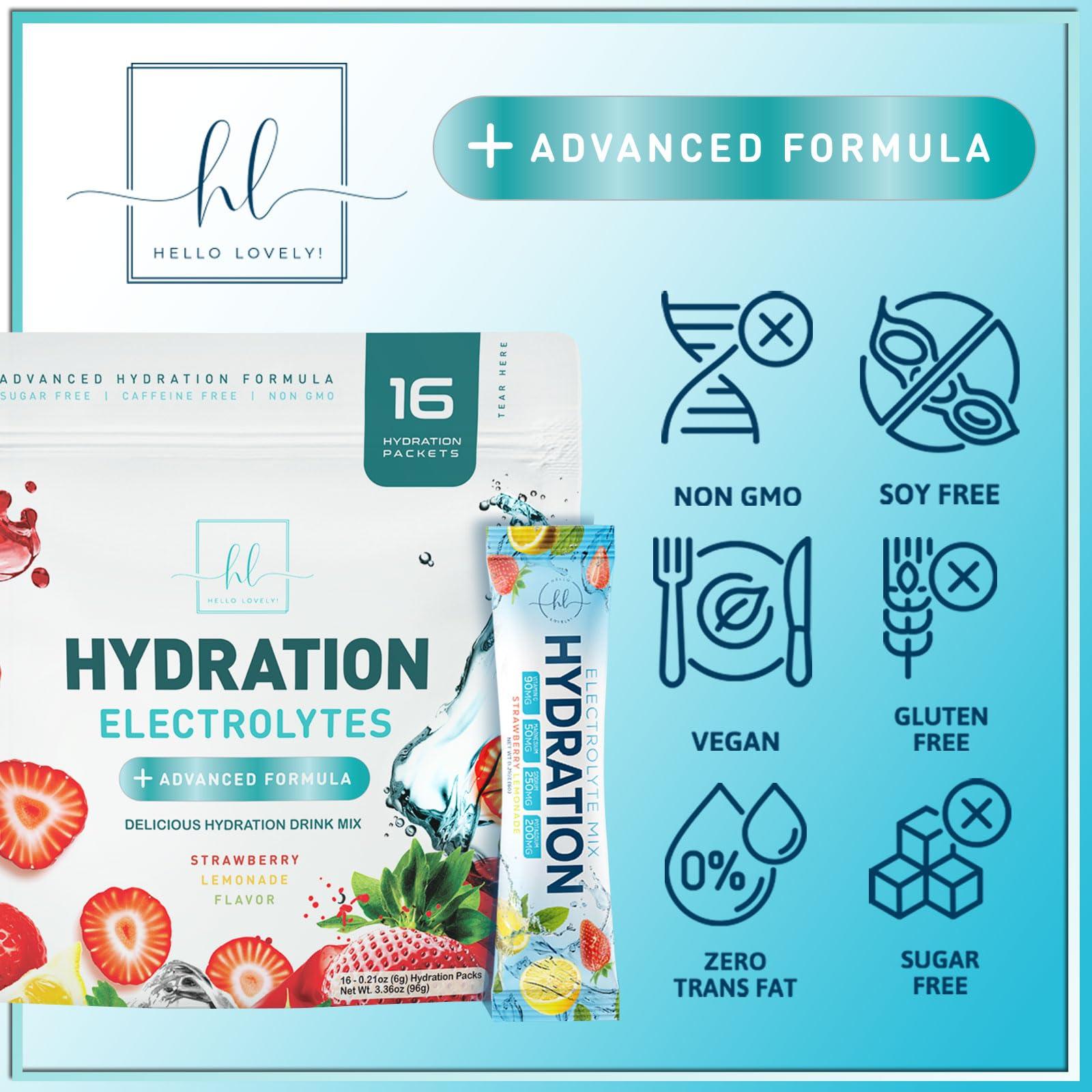 Hello Lovely! Daily Electrolyte Drink Mix - Strawberry Lemonade Hydration Powder Packets with 6 Electrolytes & Minerals - Sugar Free, Keto Friendly, Electrolytes Powder Recovery Drink w Real Salt - 16 Servings