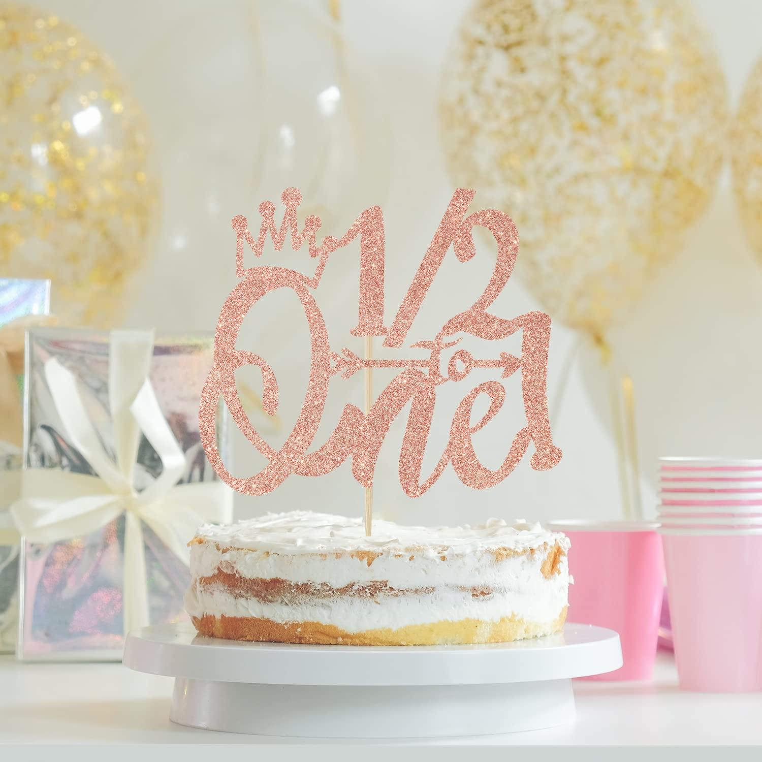 LOVELY BITON 1/2 Way to One Cake Topper, Half Way to One, 1/2 Birthday Cake Topper, Baby Boys Girls 6 Months Birthday Party Decorations Supplies Rose Gold Glitter