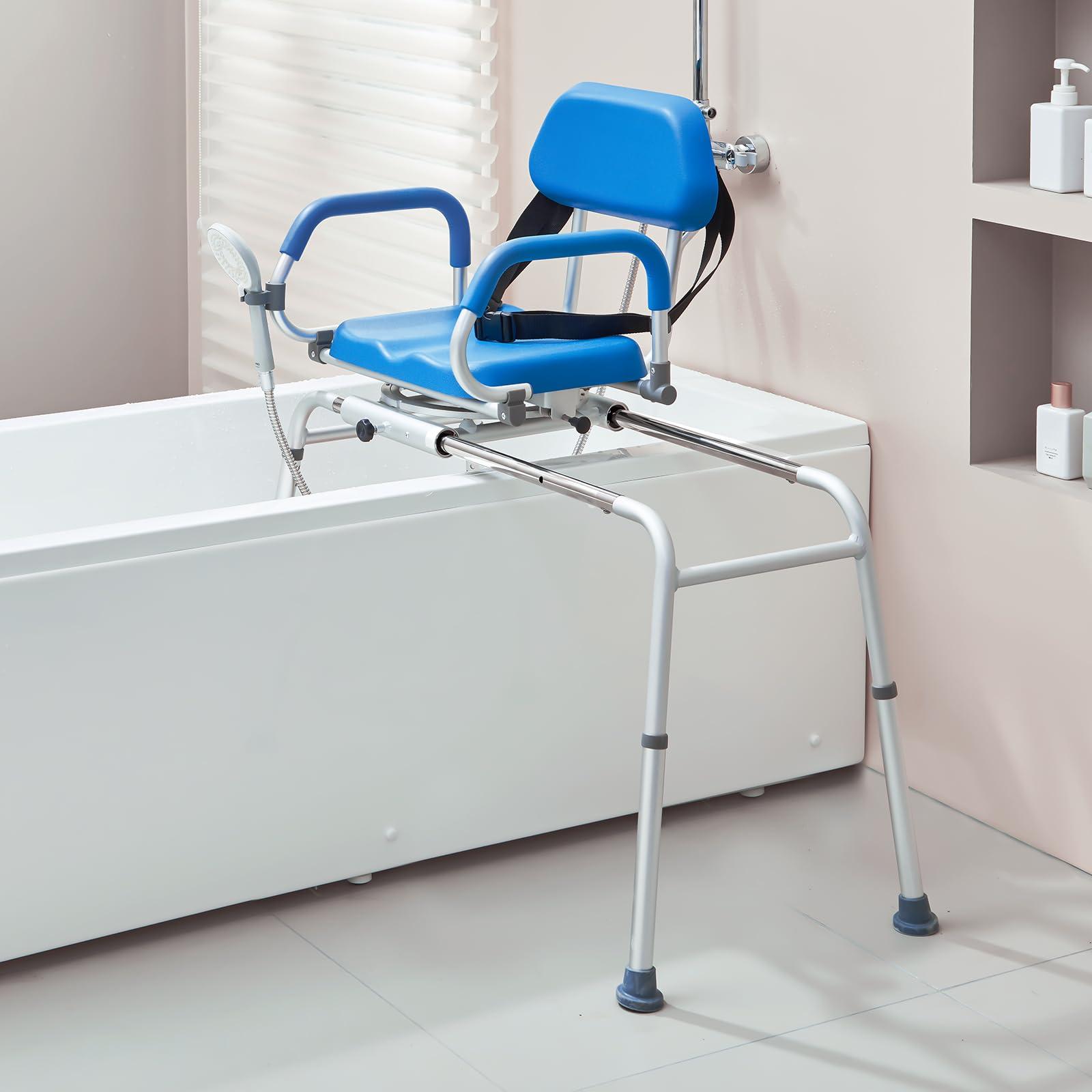 VEVOR VEVOR Sliding Tub Transfer Bench with 360 Degree Swivel Seat, Sliding Shower Chair with Pivoting Armrest & Padded Seat and Safety Belt, Height Adjustable Bath Chair for Elderly Disabled, 330LBS