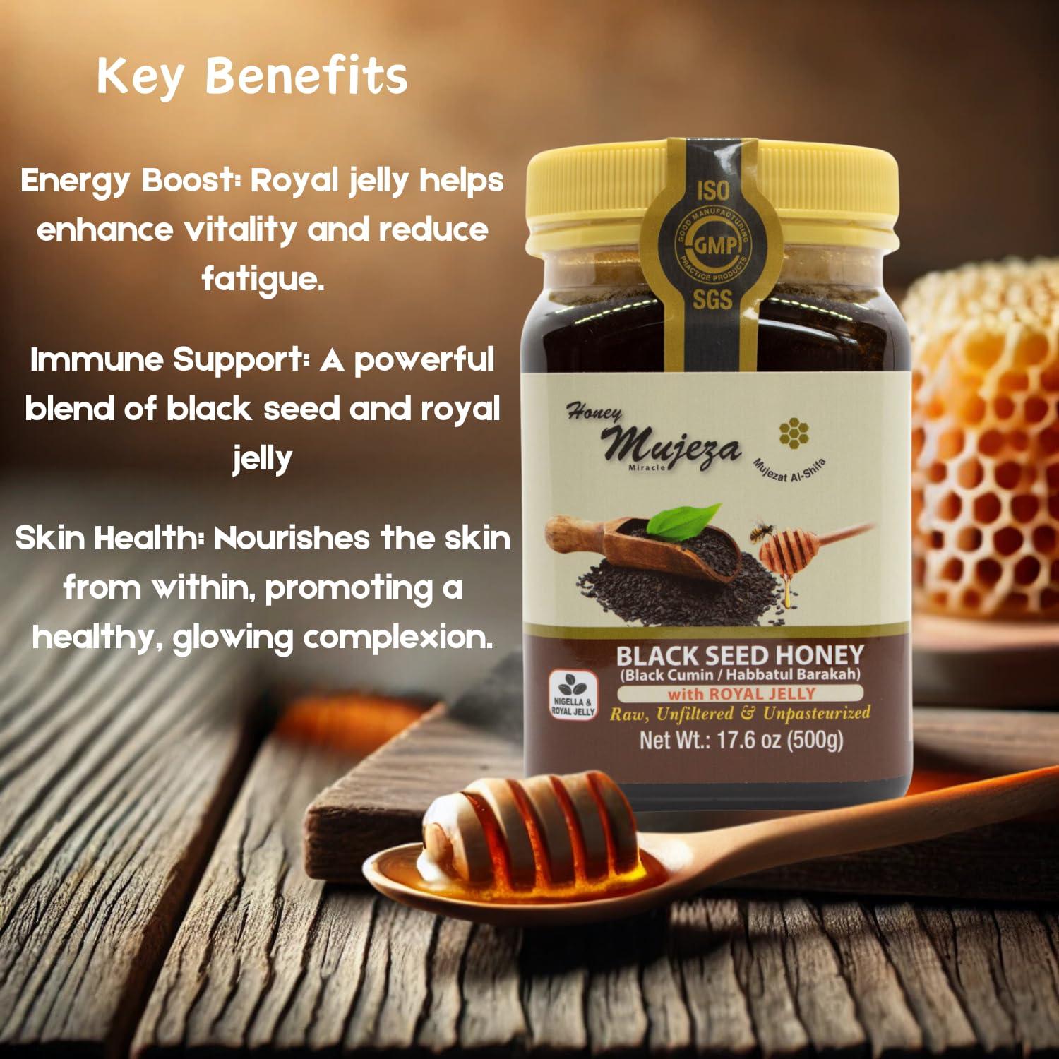 Mujeza Al Shifa Black Seed Honey with Royal Jelly - Not Mixed with Oil or Powder - Gluten Free - Non GMO - Organic Honey - Immune Booster - 100% Natural Raw Honey (500g /17.6oz)
