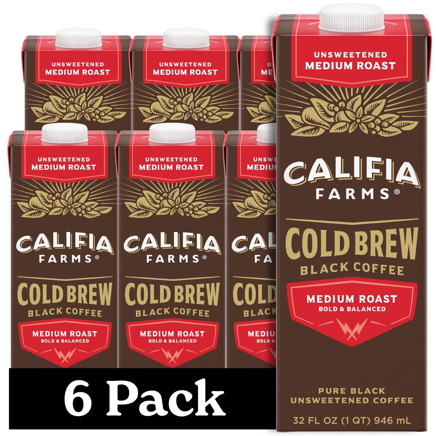 Califia Farms Califia Farms - Pure Black Medium Roast Cold Brew Coffee, 32 Oz (Pack of 6), 100% Arabica, Shelf Stable, Plant Based, Vegan, Gluten Free, Non GMO, Sugar Free, Iced Coffee