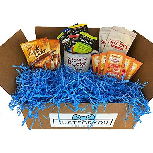 JustForYouBox Get Well Gift Package Sick Bundle Mug with Tea Emergen-C Apple Cider Hot Cocoa Ramen and Assorted Snacks Box College Gifts Get Well Soon