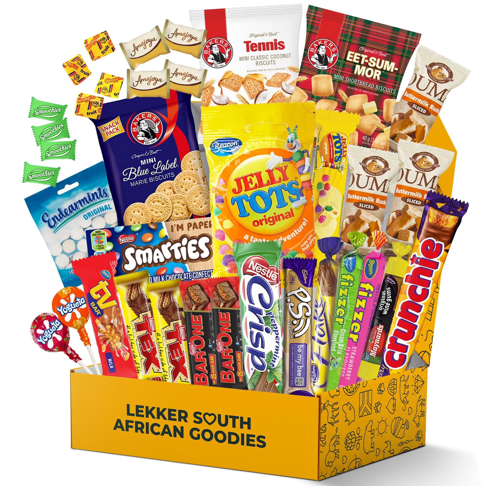 Happy Tucker Treats from Home South African Snacks Food Box | Authentic African Candies, Chocolate Bars, & Treats | Perfect Christmas Gifts Includes Ouma Rusks, Smarties, & More | Best South African Products Care Package for Gifting & Sharing - 36 Units
