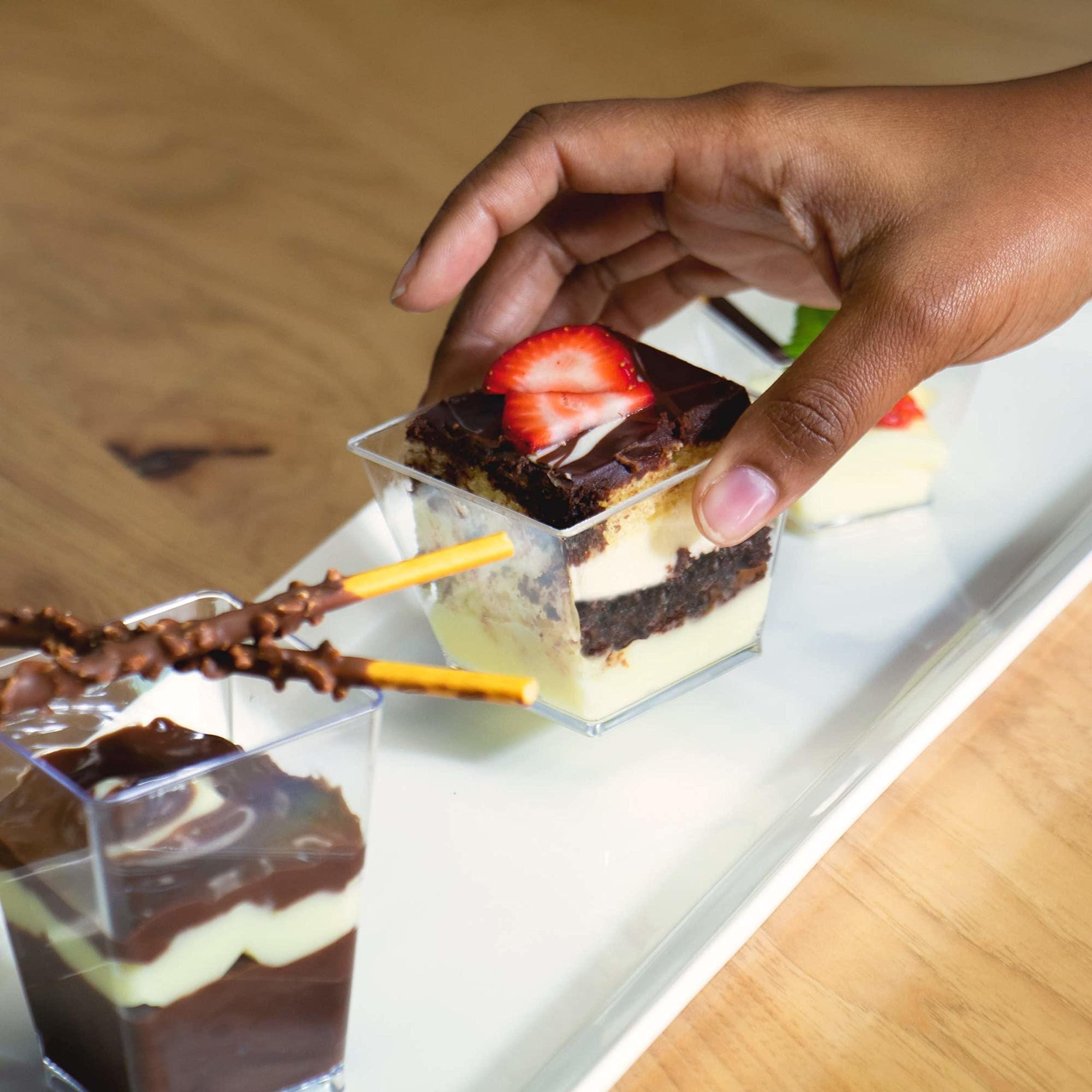 Back of House Ltd. 3oz. Mini Dessert Cups, 100-pack - Clear Plastic Square Cups - Small Disposable Shooters for Tasting Parfait, Fruit, Cake, Ice Cream, Sauces, Jelly Shots & Appetizers, Parties, Catering & Restaurants