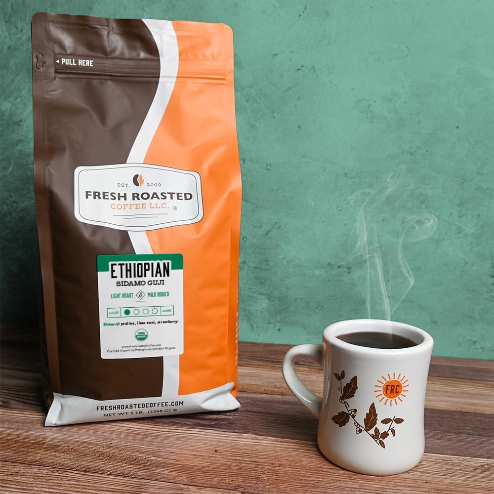 Fresh Roasted Coffee Fresh Roasted Coffee, Organic Ethiopian Sidamo Guji, 5 lb (80 oz), Light Roast, Kosher, Whole Bean