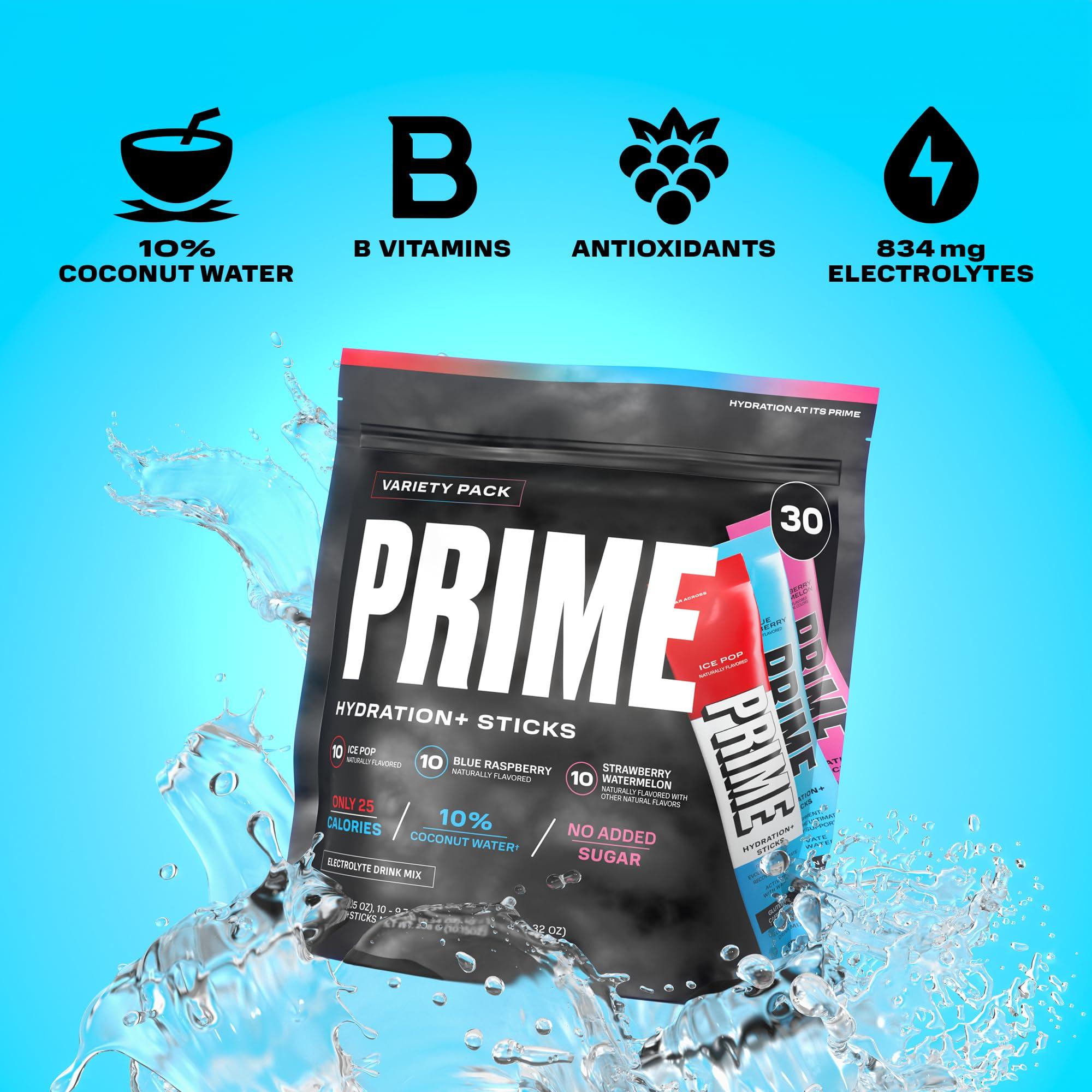 PRIME HYDRATION PRIME HYDRATION+ Sticks Variety Pack | Hydration Powder Single Serve Sticks | Electrolyte Powder On The Go | Low Sugar | Caffeine-Free | Vegan | 30 Sticks