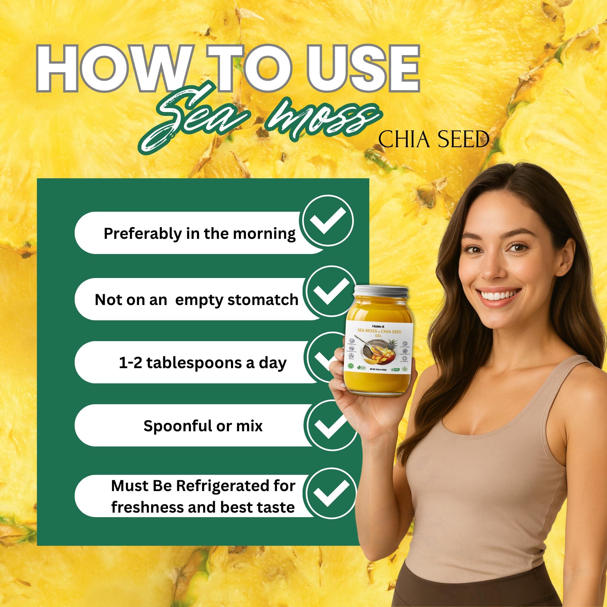 Halevit Sea Moss Gel with Ground Chia Seeds, Sea Moss Gel Organic Raw Natural Iodine Source, Omega-3, Immune & Digestive Support, Vegan Superfood, Mango Pineapple Flavor, Made in USA, 16 oz