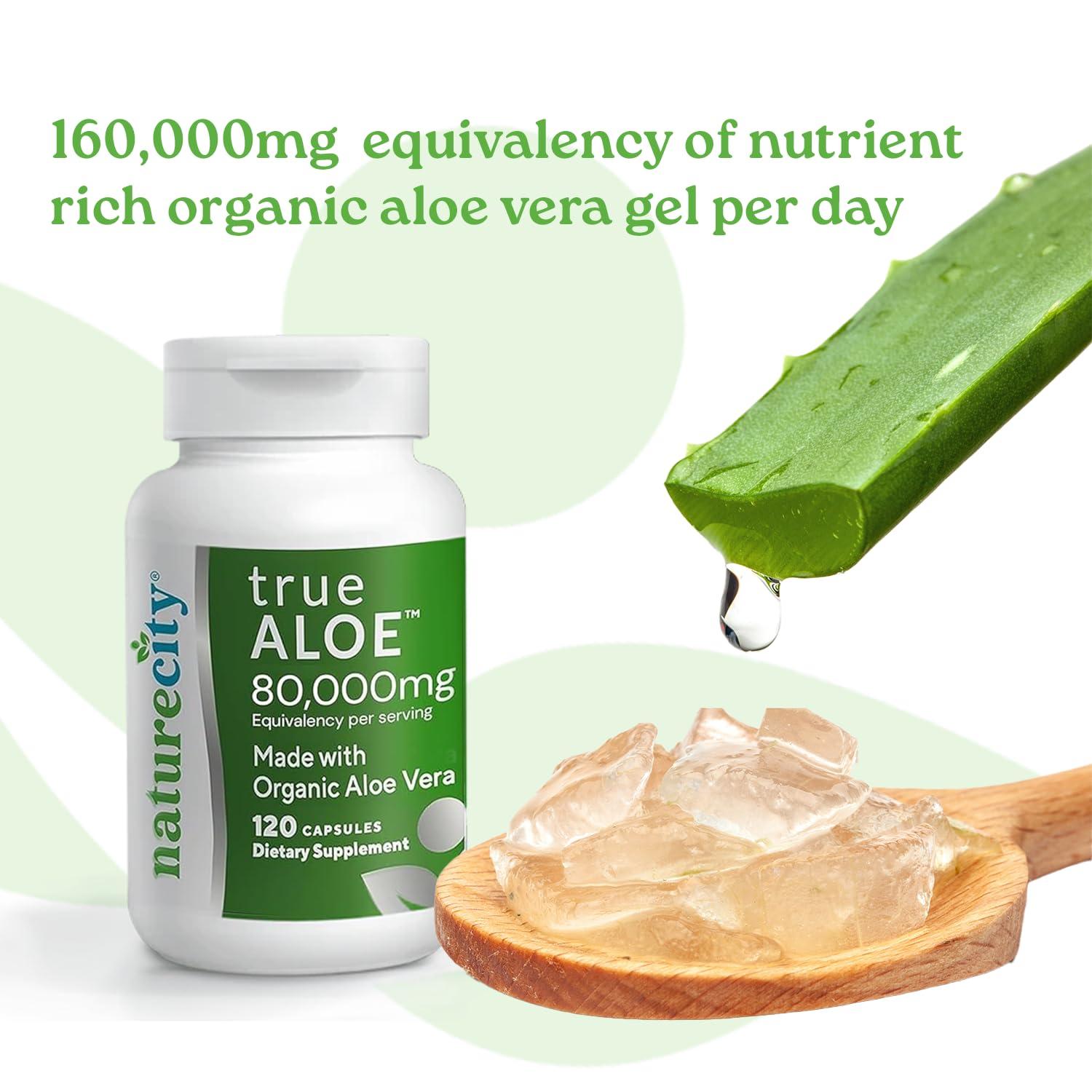 NatureCity NatureCity True-Aloe 80,000mg Aloe Vera Gel Equivalent Per Serving Made with Organic Aloe Vera (360 Capsules) Digestive, Skin and Joint Support|Small Easy-to-Swallow Pills