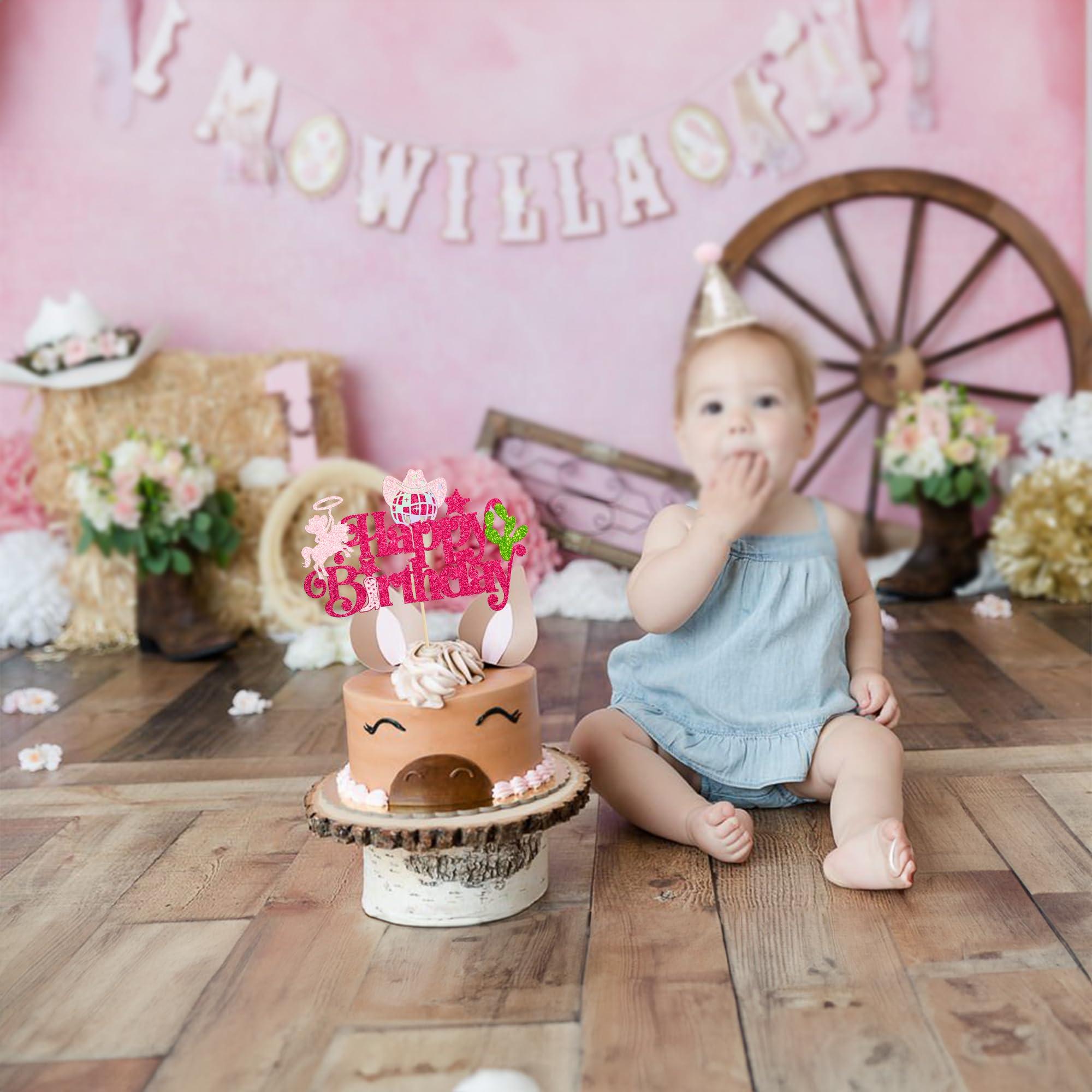 Ephlyn Ephlyn 1Pc Cowgirl Happy Birthday Cake Topper Glitter Western Cowgirl Birthday Cake Pick Hat Boot Disco Cowgirl Cake Decoration for Cowgirls Theme Women Birthday Party Decorations Supplies Pink