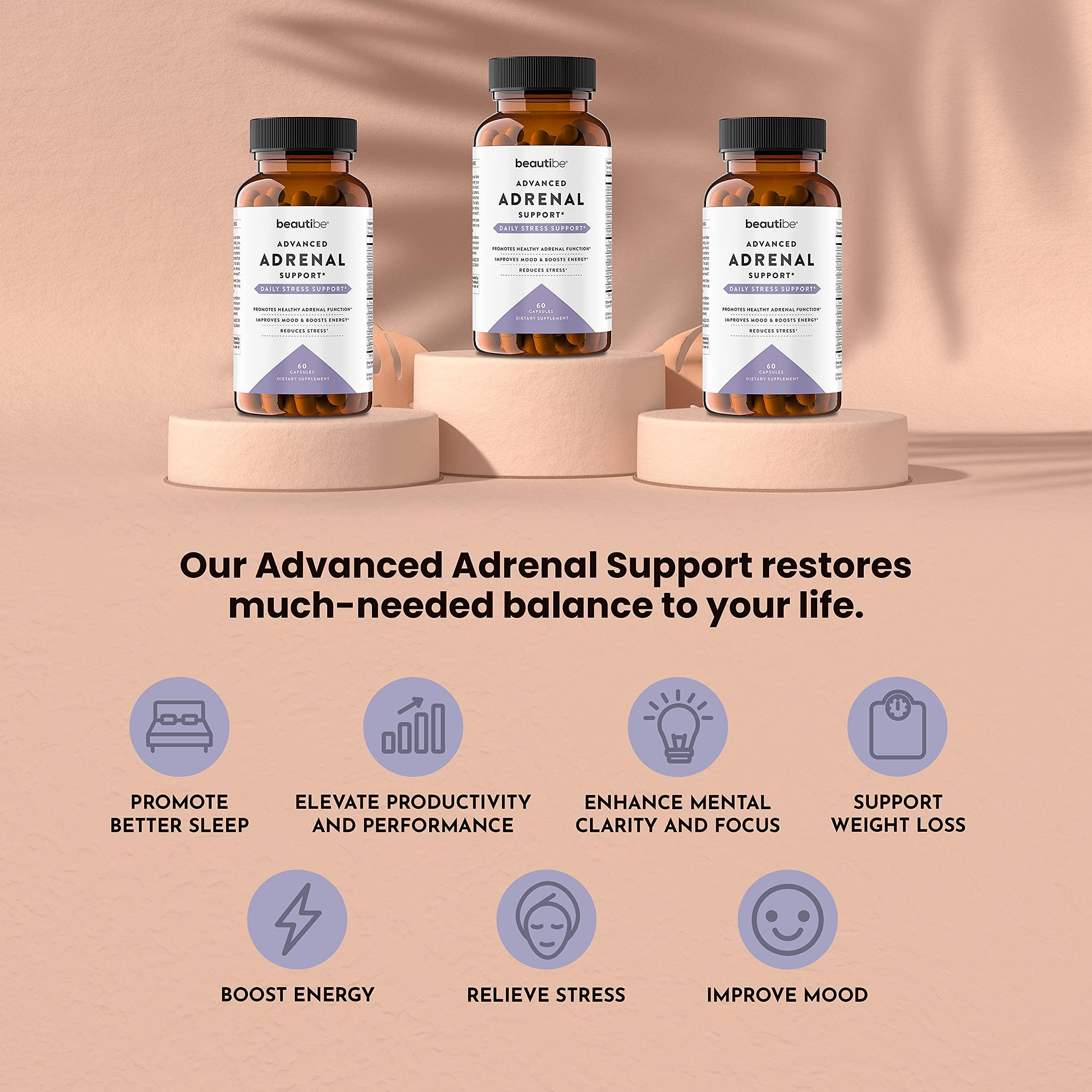 BeautiBe Adrenal Support for Women & Men Cortisol Manager Natural Stress Relief Supplement - Adrenal Fatigue, Mood Health, and Energy Supplements with Ashwagandha & L-Tyrosine 60 Non-GMO Veggie Capsules