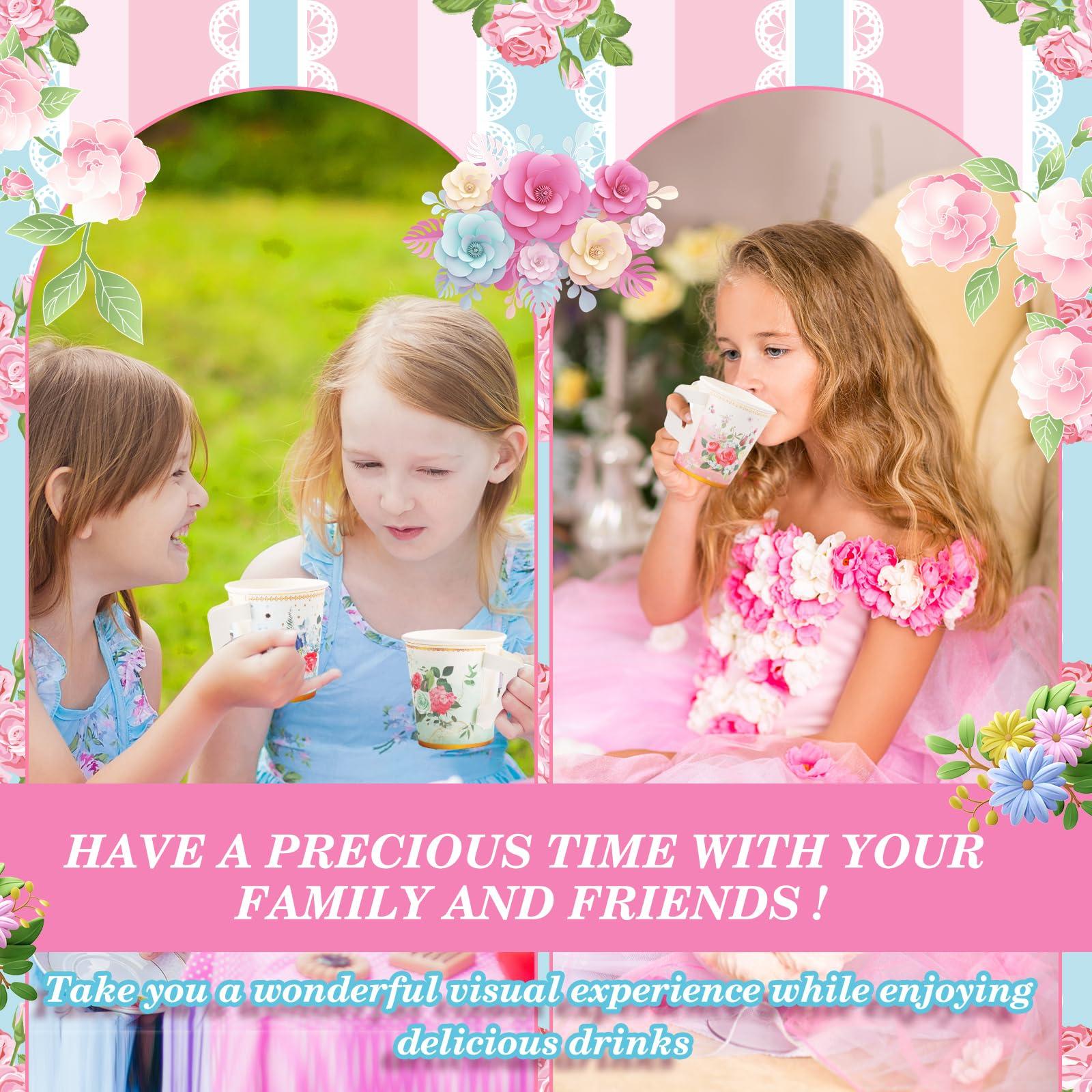 SUMMORO SUMMORO 160 Pcs Floral Paper Tea Cups and Saucers 7 OZ Disposable Paper Tea Cups with Handle and Plates for Tea Party Decoration Birthday Baby Shower Bridal Wedding Mother\'s Day