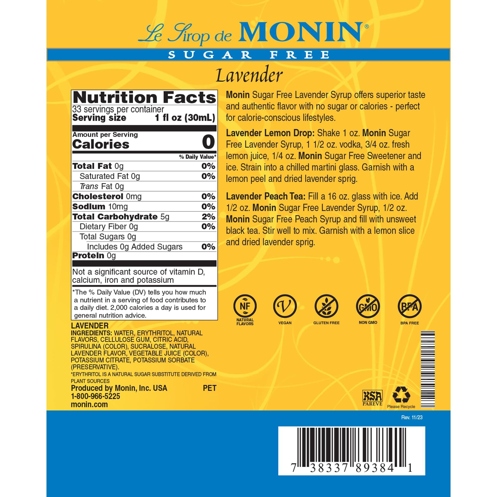 Monin Monin - Sugar Free Lavender Syrup, Aromatic and Floral, Natural Flavors, Great for Cocktails, Lemonades, and Sodas, Non-GMO, Gluten Free (Plastic, 1 Liter)