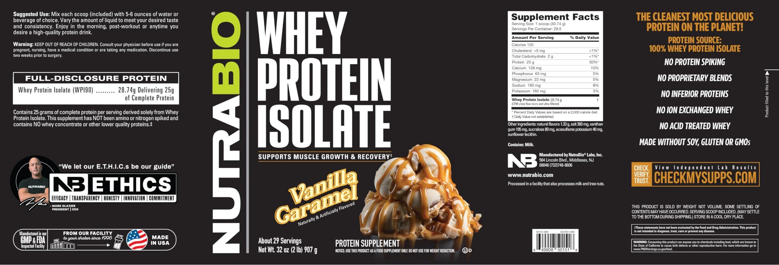 NutraBio NutraBio Whey Protein Powder Isolate Supplement 25g of Protein Per Scoop with Complete Amino Acid Profile - Soy and Gluten Free Protein Powder - Zero Fillers and Non-GMO - Vanilla Caramel- 2 Lbs.