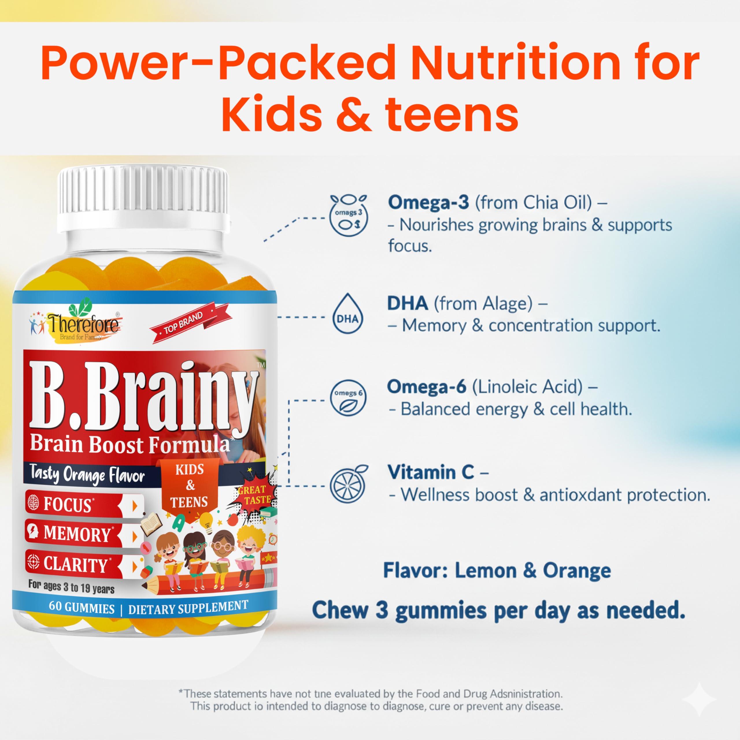 Therefore B.Brainy Brain Focus Gummies for Kids & Teens, Attentive Child Supplement, Brain Focus Vitamins for Kids & Teens, Vegan Omega 3 EPA/DHA, Support Memory, Clarity, Concentration, Low Sugar 60 Gummies