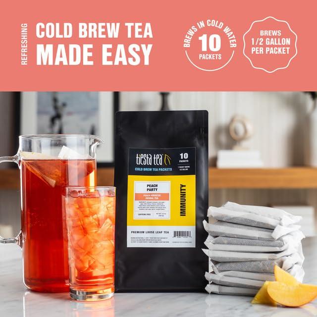 Tiesta Tea Tiesta Tea - Peach Party Cold Brew - Peach Hibiscus Herbal Tea - Premium Loose Leaf Tea Blend - Non Caffeinated Iced Tea - Cold Brew Tea Packets - Brews 64 oz of Pitcher Per Bag (Pack of 10)