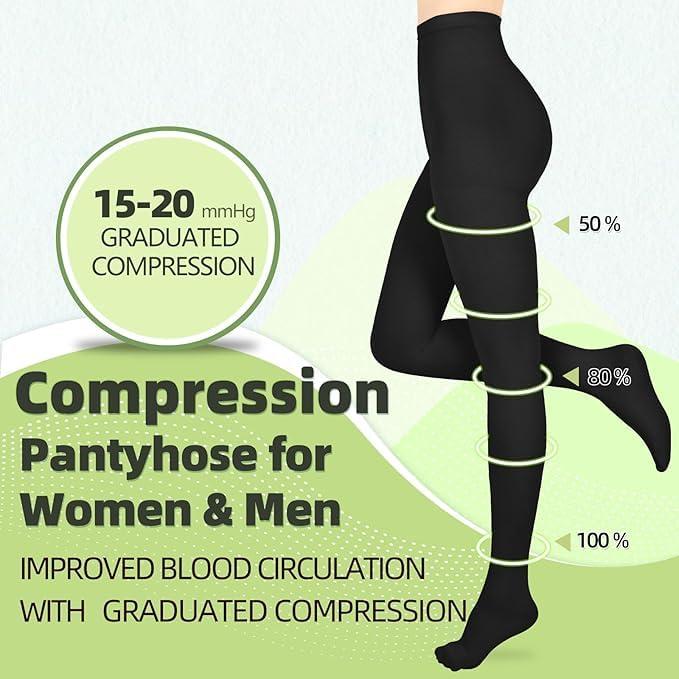 Wegitcs Compression Pantyhose for Women & Men 2 Pairs Closed Toe 15-20mmHg Medical Graduated Compression Stockings Waist High Support Tights Opaque Leggings for Varicose Veins Edema Flight,Black XL