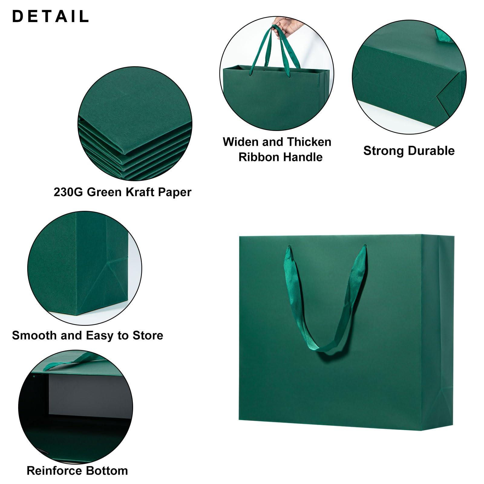 driew driew Green Gift Bags, 12 Pack Extra Large Deep Green Gift Bag Ribbon Handles Heavy Duty Paper Gift Bags 12.6x4.5x11 inches Party Gift Bags for Shopping, Pakcing,Retail,Dark Green