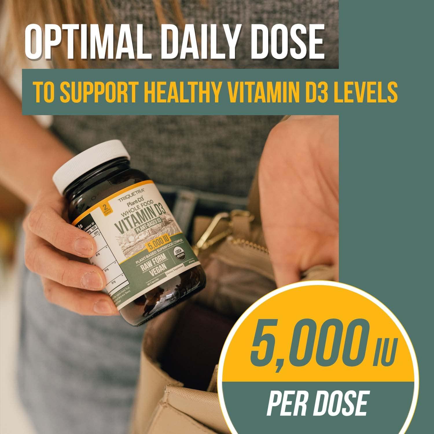 Triquetra Health Organic Vitamin D3 5,000 IU - 100% Whole Food & Plant-Based Cholecalciferol Form, 100% Vegan Vitamin D - Enhanced with Prebiotic & Superfood Complex Organic, Vegan, GMO & Gluten Free (60 Capsules)