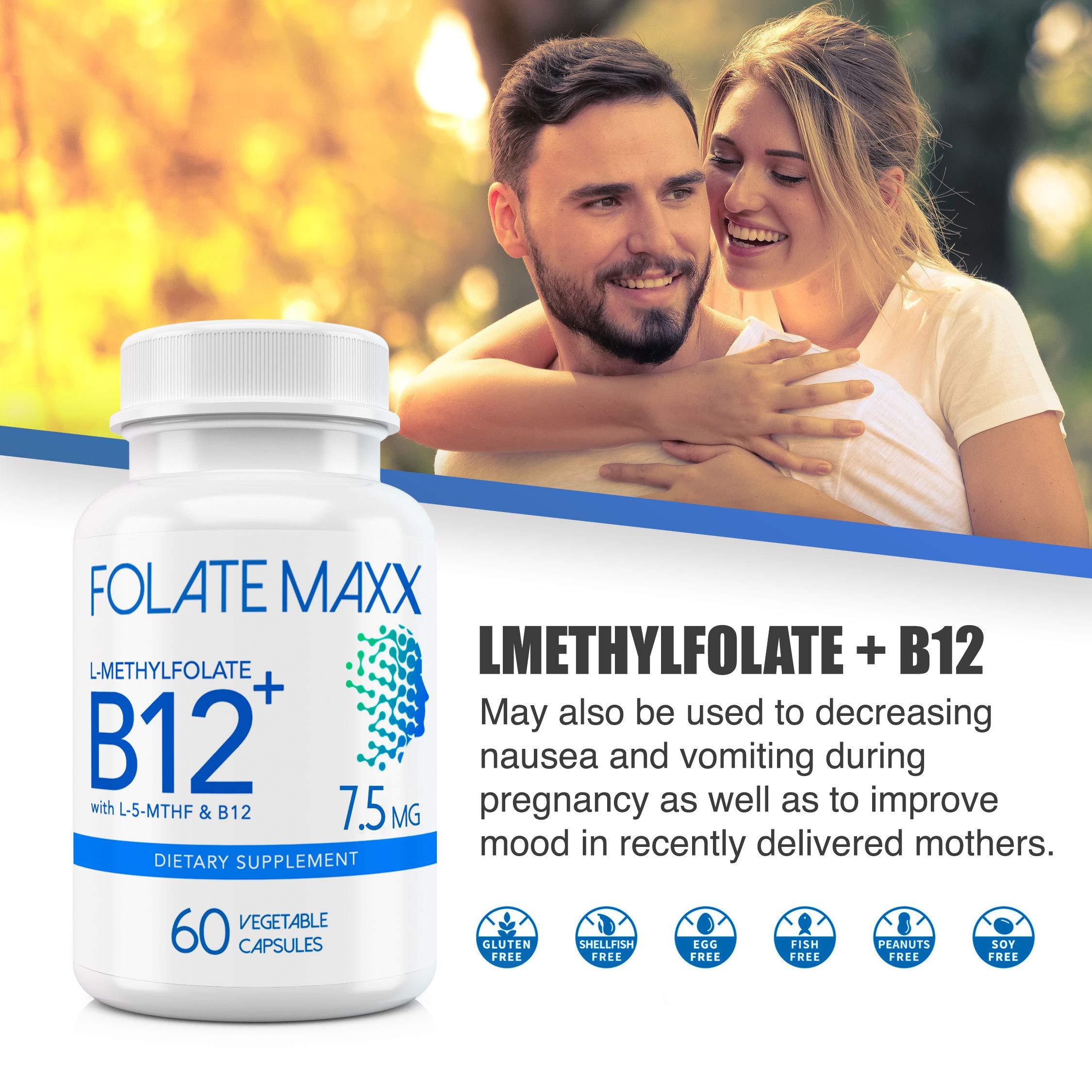 FOLATE MAXX FOLATE MAXX FolateMaxx L-Methylfolate + B12 Methylcobalamin Blend 7.5mg - 60 Capsules - Active Folic Acid & Methylated B12-5-MTHF & B12 Supplement for Men & Women - Non GMO, Gluten Free, No Fillers
