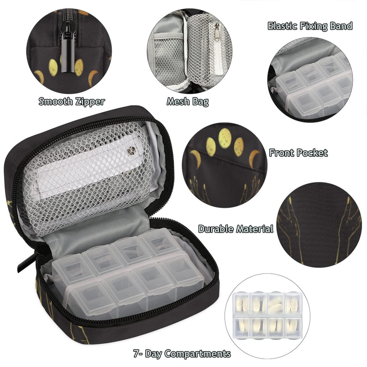 bisibuy Gold Moon Phases Pill Case Weekly Medicine Organizer with Travel Bag Seven-Day Pill Box Vitamin Supplement Box Fish Oil Pills Holder