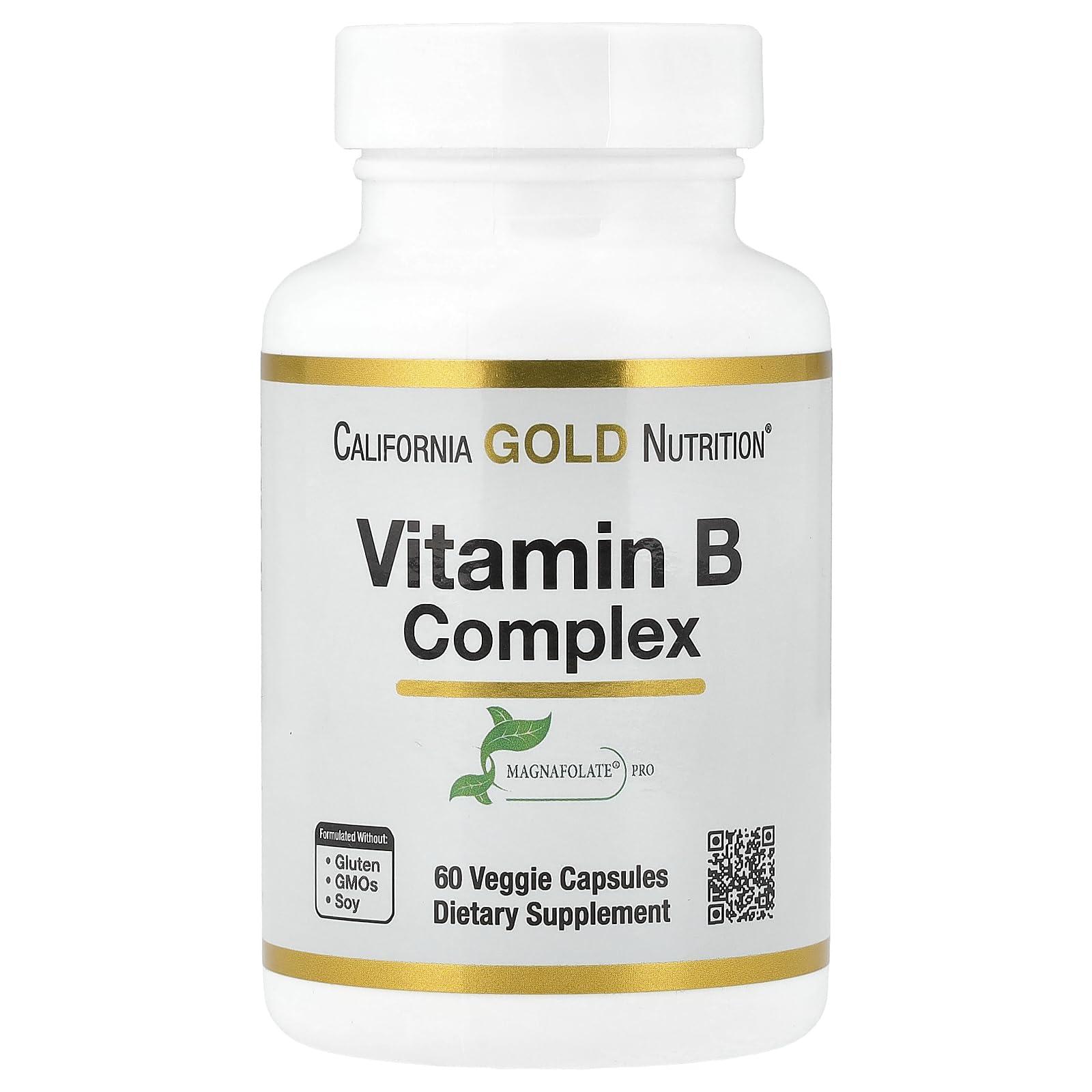 California Gold Nutrition Vitamin B Complex, Thiamin B1, Riboflavin B2, Niacin B3, Pyridoxine B6, Biotin B7, Pantothenic Acid B5 and Pro Folate B9, Gluten Free, Non GMO, 60 Veggie Capsules