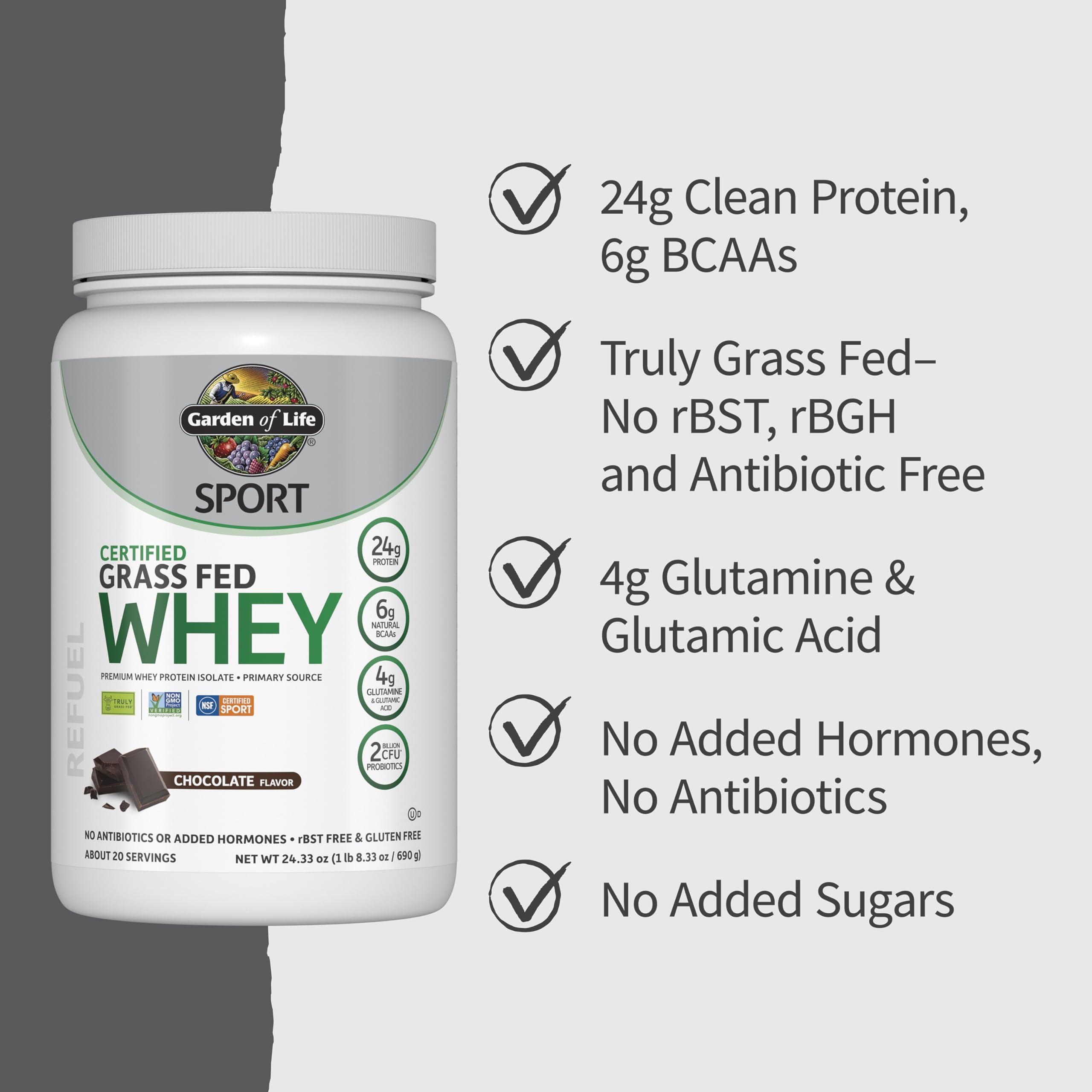 Garden of Life Garden of Life Sport Whey Protein Powder Chocolate, Premium Grass Fed Whey Protein Isolate Plus Probiotics for Immune System Health, 24g Protein, Non GMO, Gluten Free, Cold Processed - 20 Servings