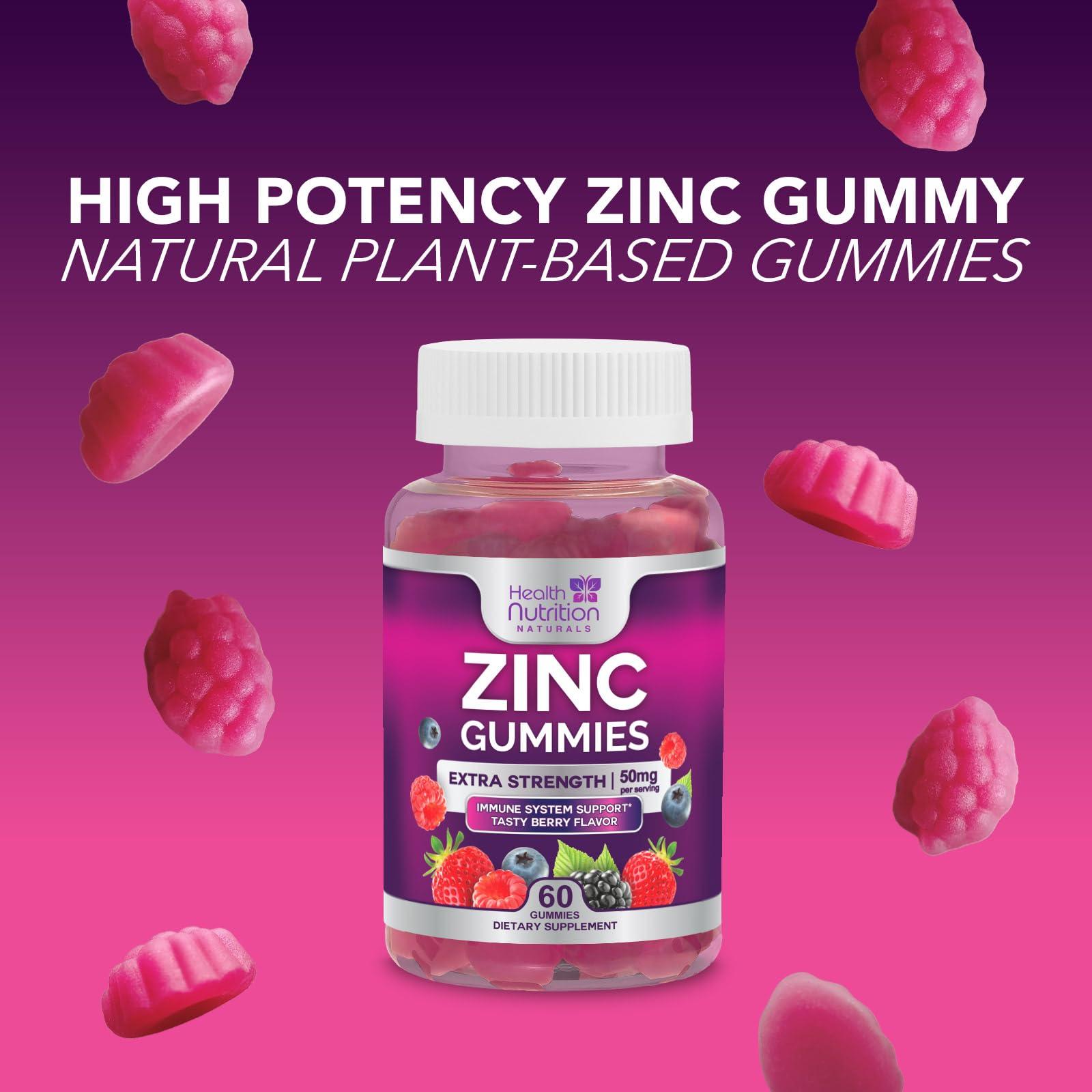 Health Nutrition Naturals Zinc Supplement Gummies 50mg, Max Strength Bone, Skin & Immune Support Zinc Supplements for Women & Men, Vegan, Non-GMO & Gluten Free, Immune Health Support, Antioxidant Zinc Vitamins - 60 Gummies