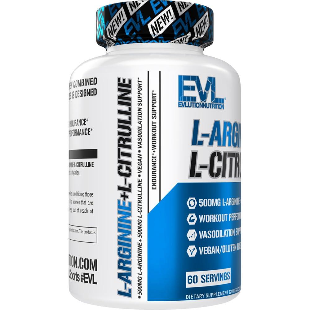 Evlution Evlution Nutrition L-Arginine + L-Citrulline - Endurance + Workout Performance Supplement - 500mg Complex - Vasodilation + Nitric Oxide Support - Vegan + Gluten Free Capsules - 60 Servings