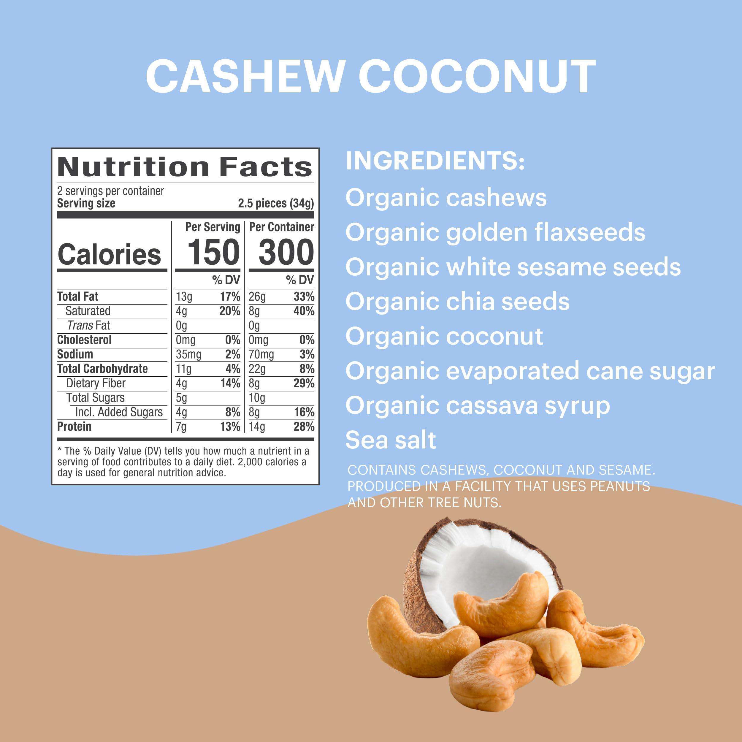 Tosi Tosi Cashew Coconut Protein Bars, Plant Based with Nuts, Gluten-Free Crunchy Snacks, Vegan, Organic, Flax & Chia Seeds, Soy-Free, Omega 3s, 14G Protein, 2.4 oz, 12-Pack