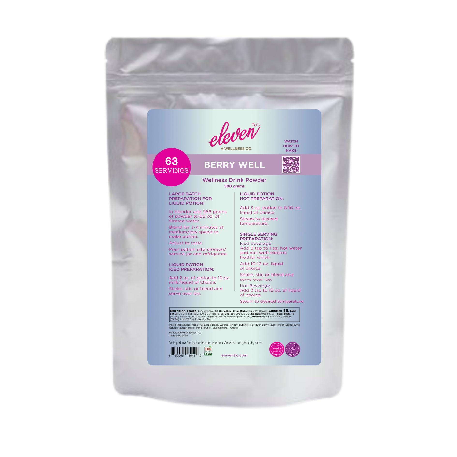 ELEVEN TLC A WELLNESS CO. Eleven TLC, Berry Well Superfood Wellness Drink Latte + Mix, Caffeine-Free, or Herbal Tea, Blue Spirulina, Blue Butterfly Pea Flower, Organic Maca, Keto Friendly, Vegan, 63 Servings