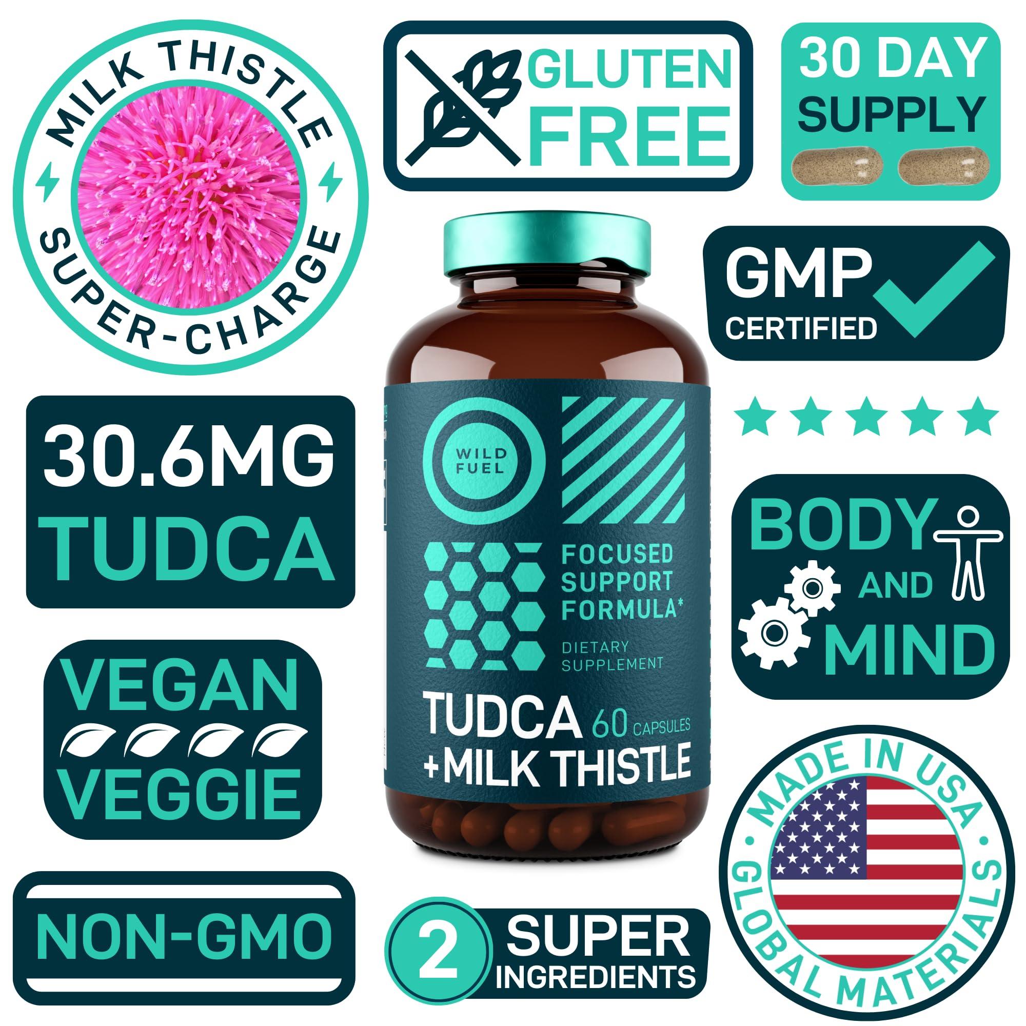 WILD FUEL TUDCA and Milk Thistle Supplement - Bile Salts Supplement with Silymarin Milk Thistle Extract Liver Cleanse, Gallbladder, Kidney, Gut Health - Ursolic Acid Tudca Bile Salt Liver Health - 60 Capsules