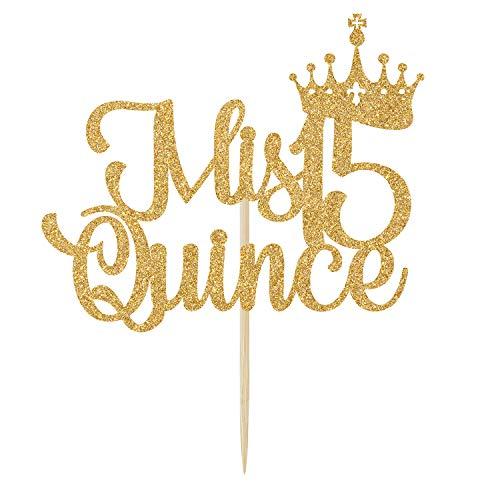 Bytorjar Mis Quince 15 Cake Topper, Hello 15, Cheers to 15 Years, 15th Birthday/Anniversary Party Decorations Gold Glitter.