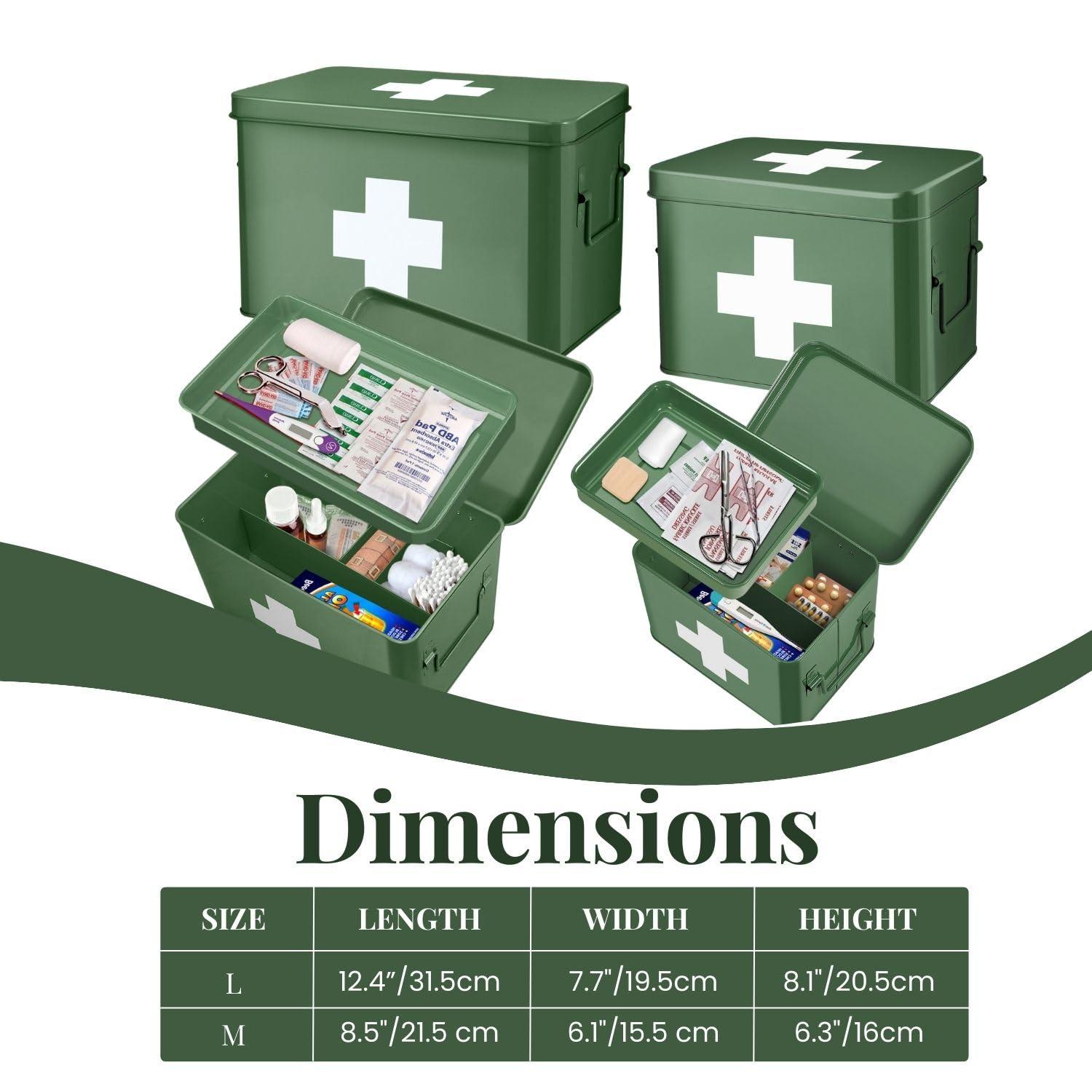 Flexzion Flexzion First Aid Box Organizer - Empty 13\" Green Vintage First Aid Kit Tin Metal Medical Box - First Aid Storage Box Container Bins with Dividers, Removable Tray and White Cross Logo